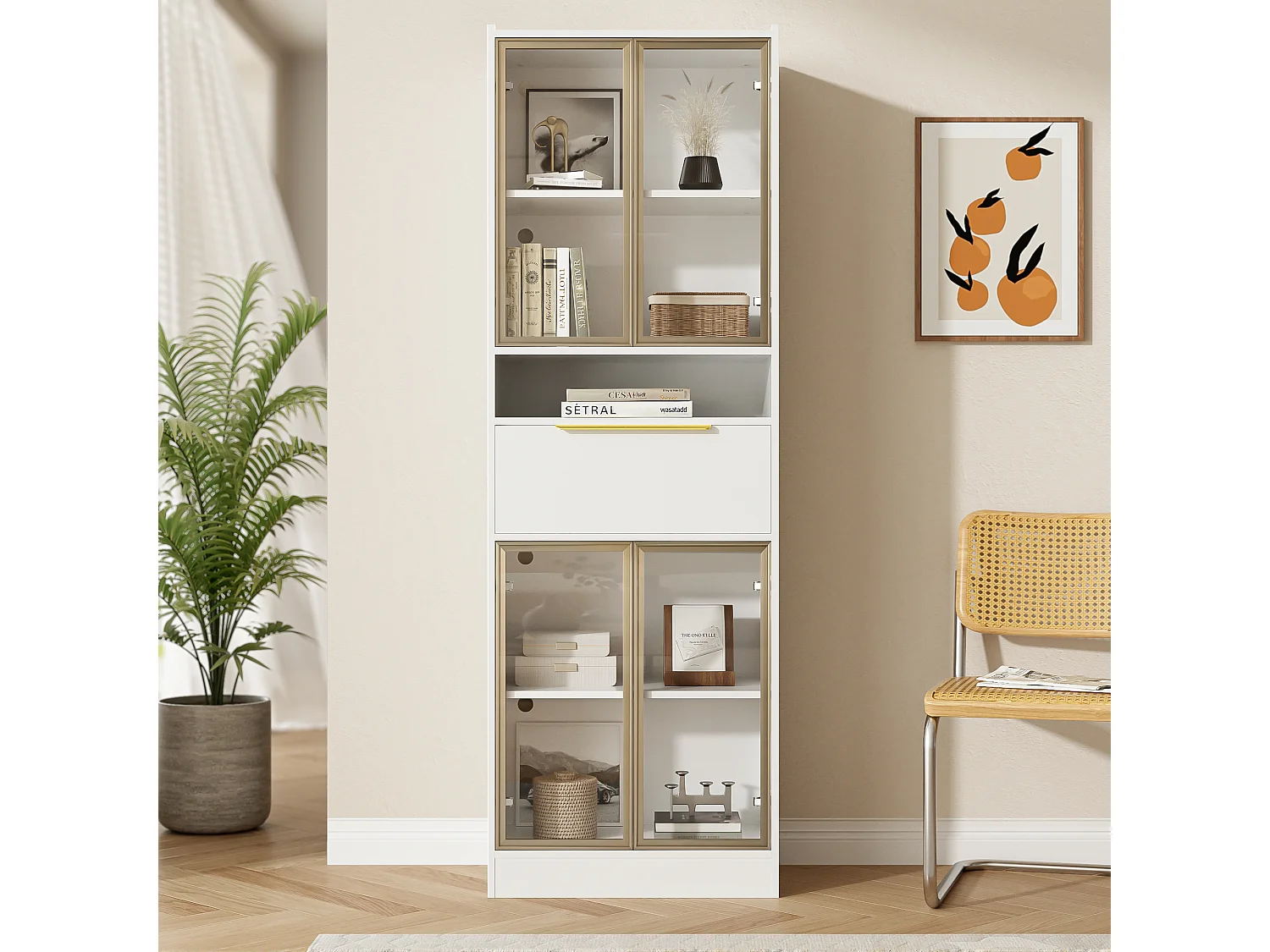 Vitrine haute LED 16 couleurs MDF blanc vitrée rangement salon chambre 60x35x180 cm