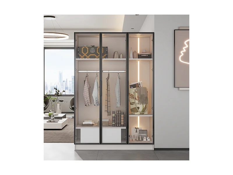 Armadio pensile bianco in legno vitrée con LED tiroir rangement chambre 110x50x160cm