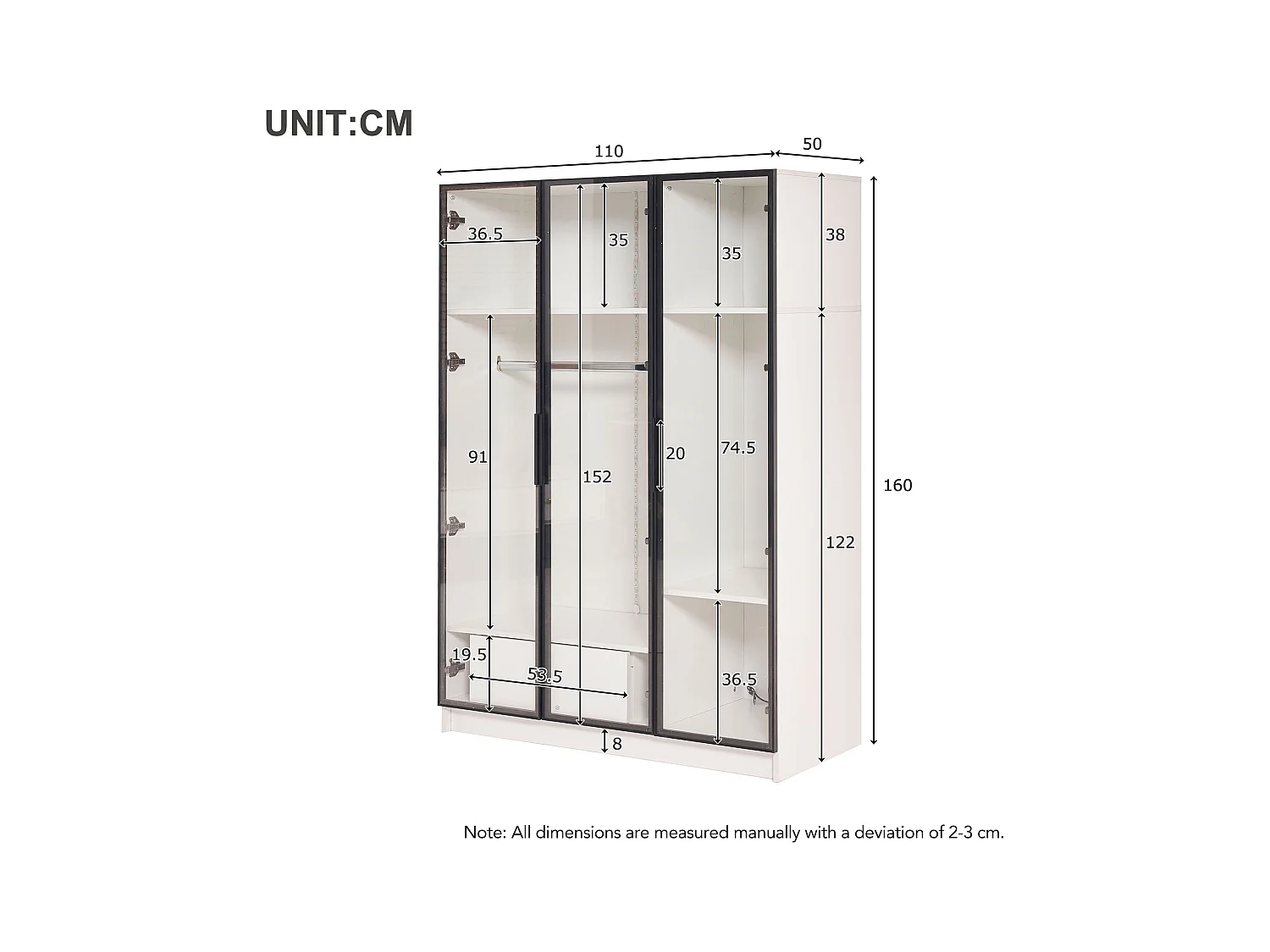Armadio pensile bianco in legno vitrée con LED tiroir rangement chambre 110x50x160cm
