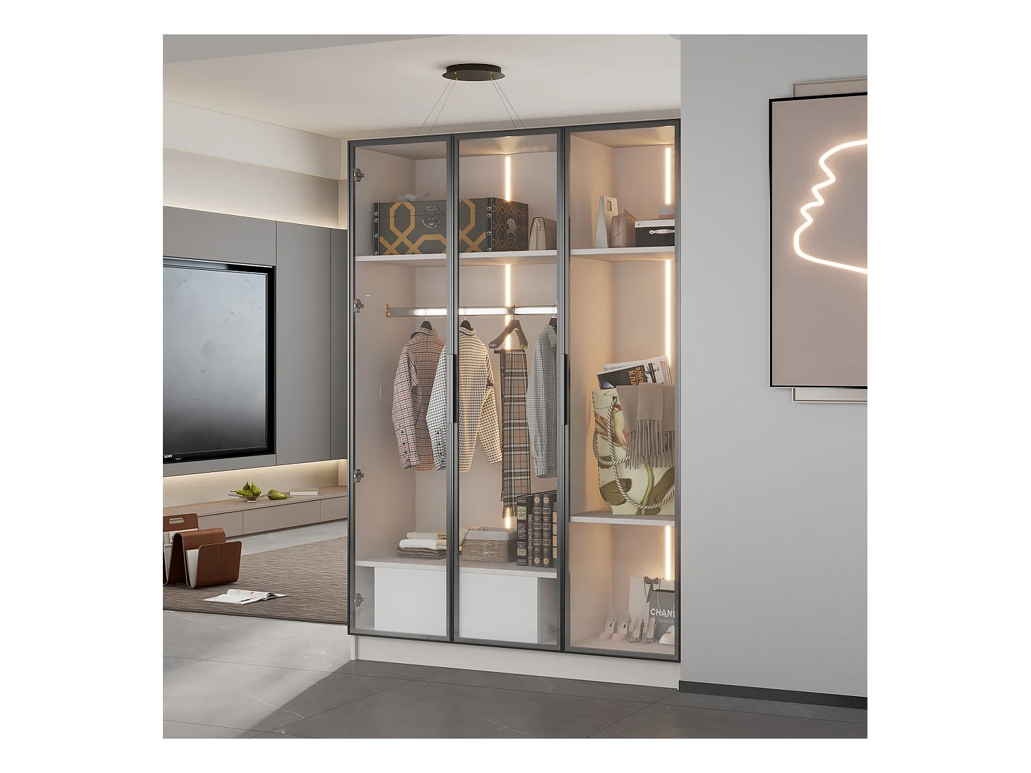 Armadio pensile bianco in legno vitrée con LED tiroir rangement chambre 110x50x160cm