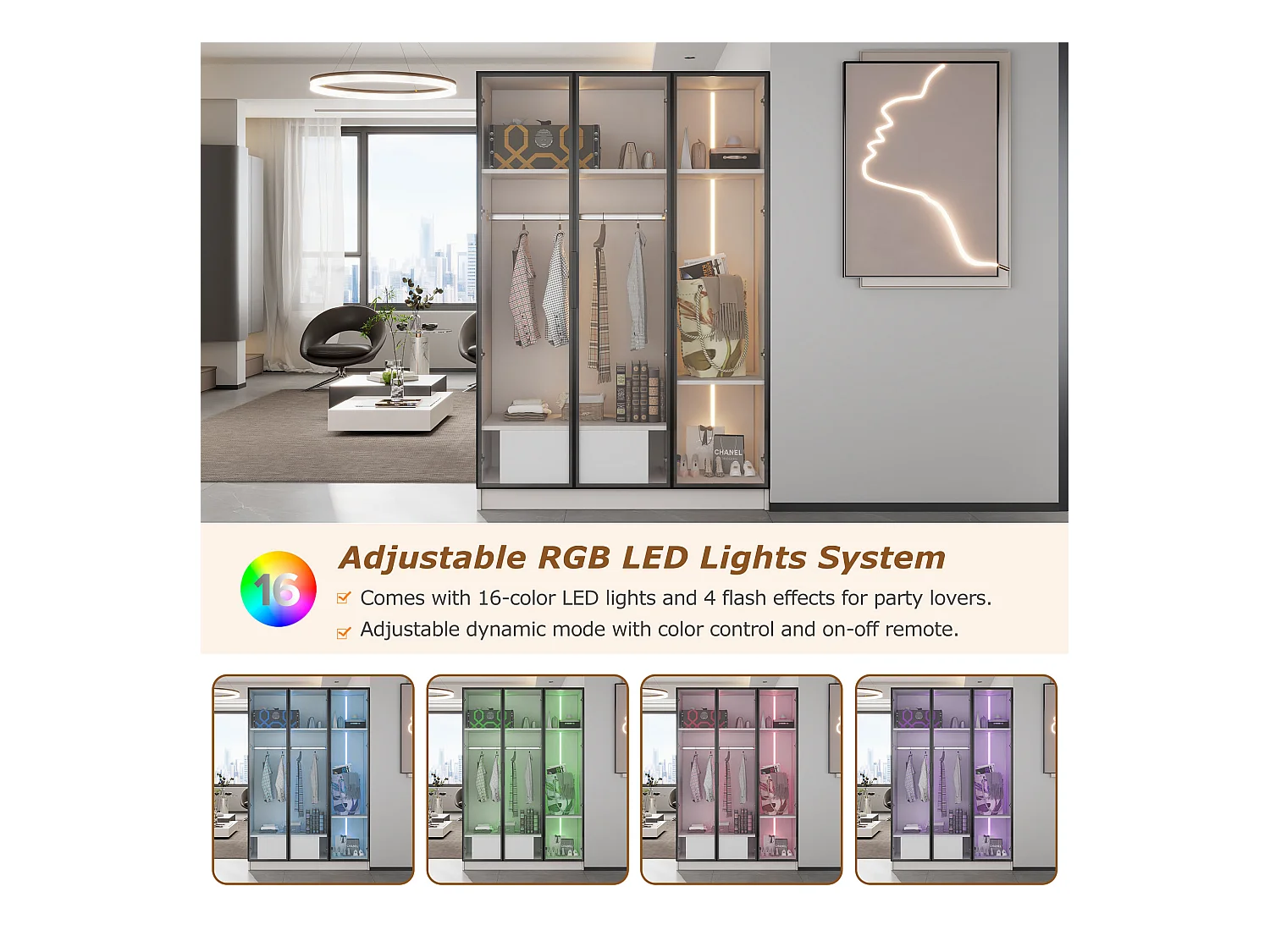 Armadio pensile bianco in legno vitrée con LED tiroir rangement chambre 110x50x160cm