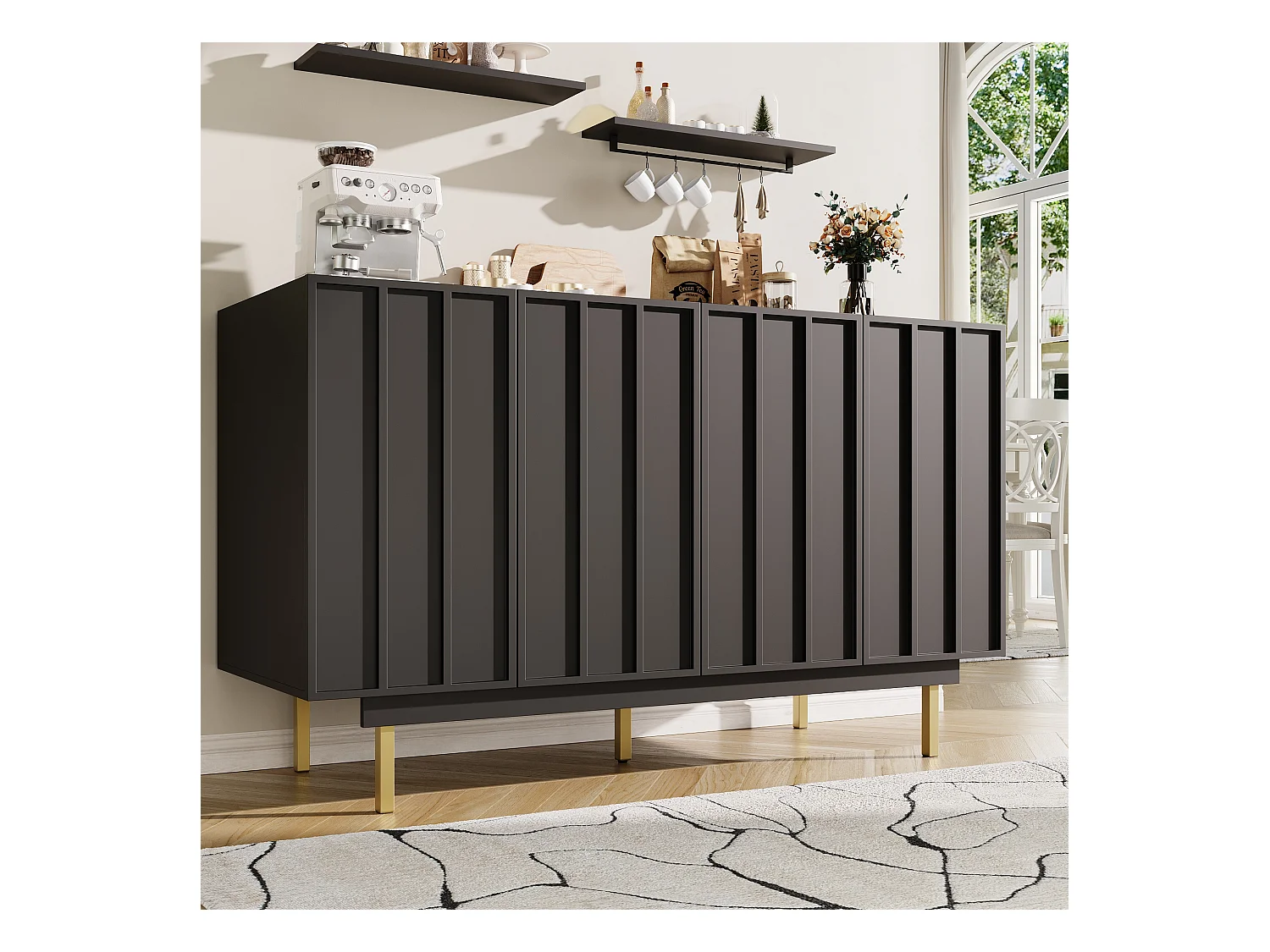 Aparador 4 Portas MDF Metal 140x38,5x82,5cm Sala Cozinha Preto