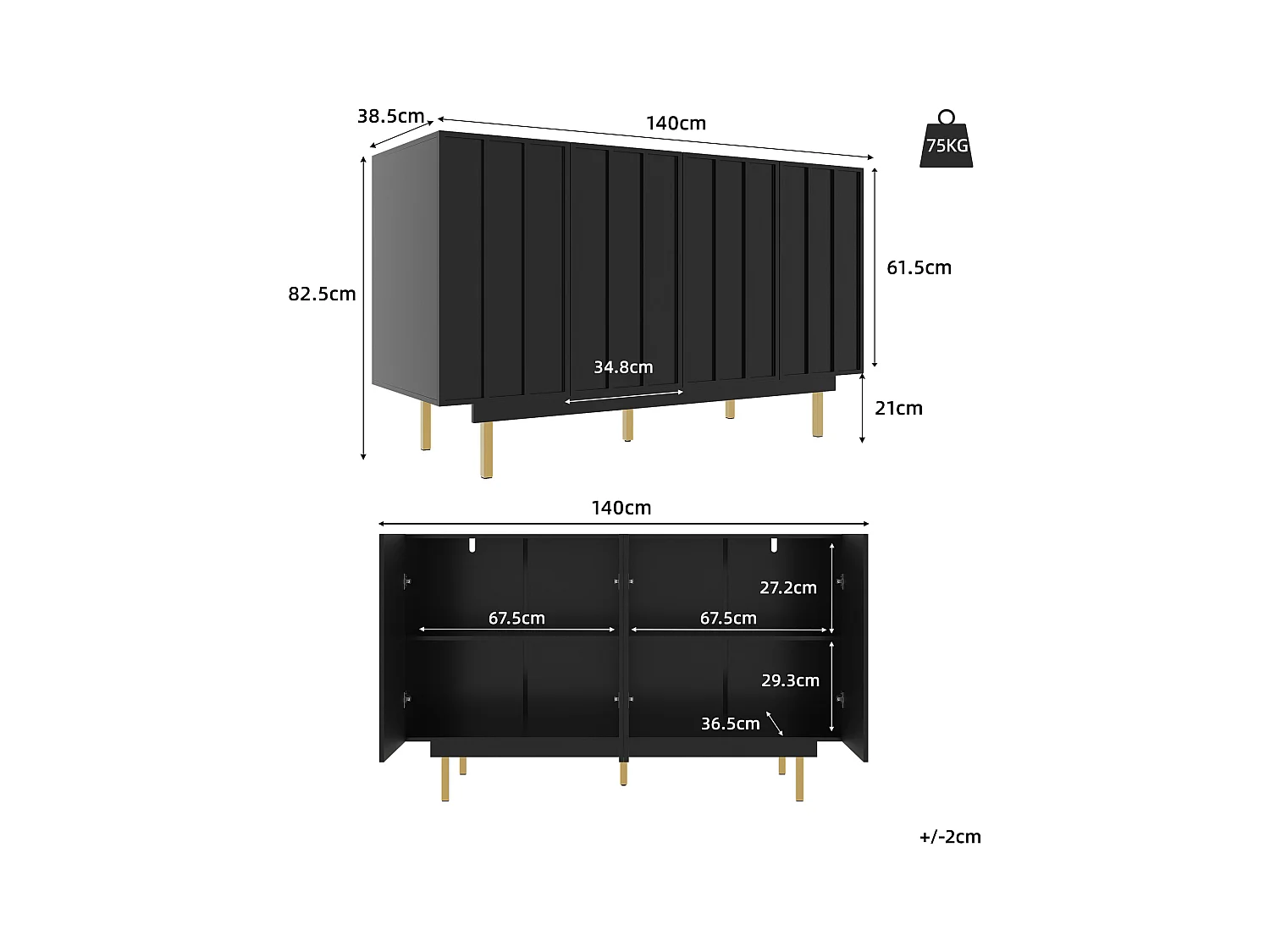 Aparador 4 Portas MDF Metal 140x38,5x82,5cm Sala Cozinha Preto