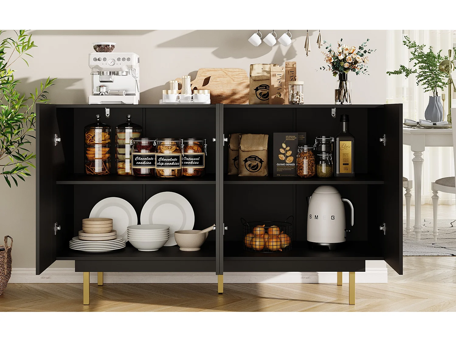 Aparador 4 Puertas MDF Metal 140x38,5x82,5cm Salón Cocina Negro