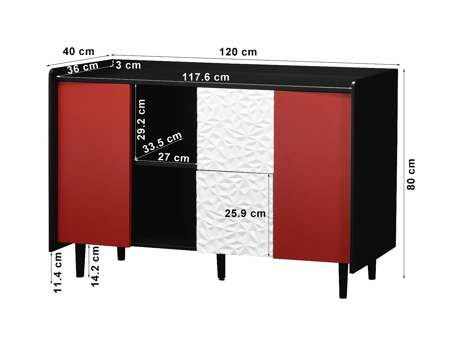 Aparador preto com 2 gavetas, 2 portas vermelhas e 2 nichos abertos para cozinha sala 120x40x80 cm