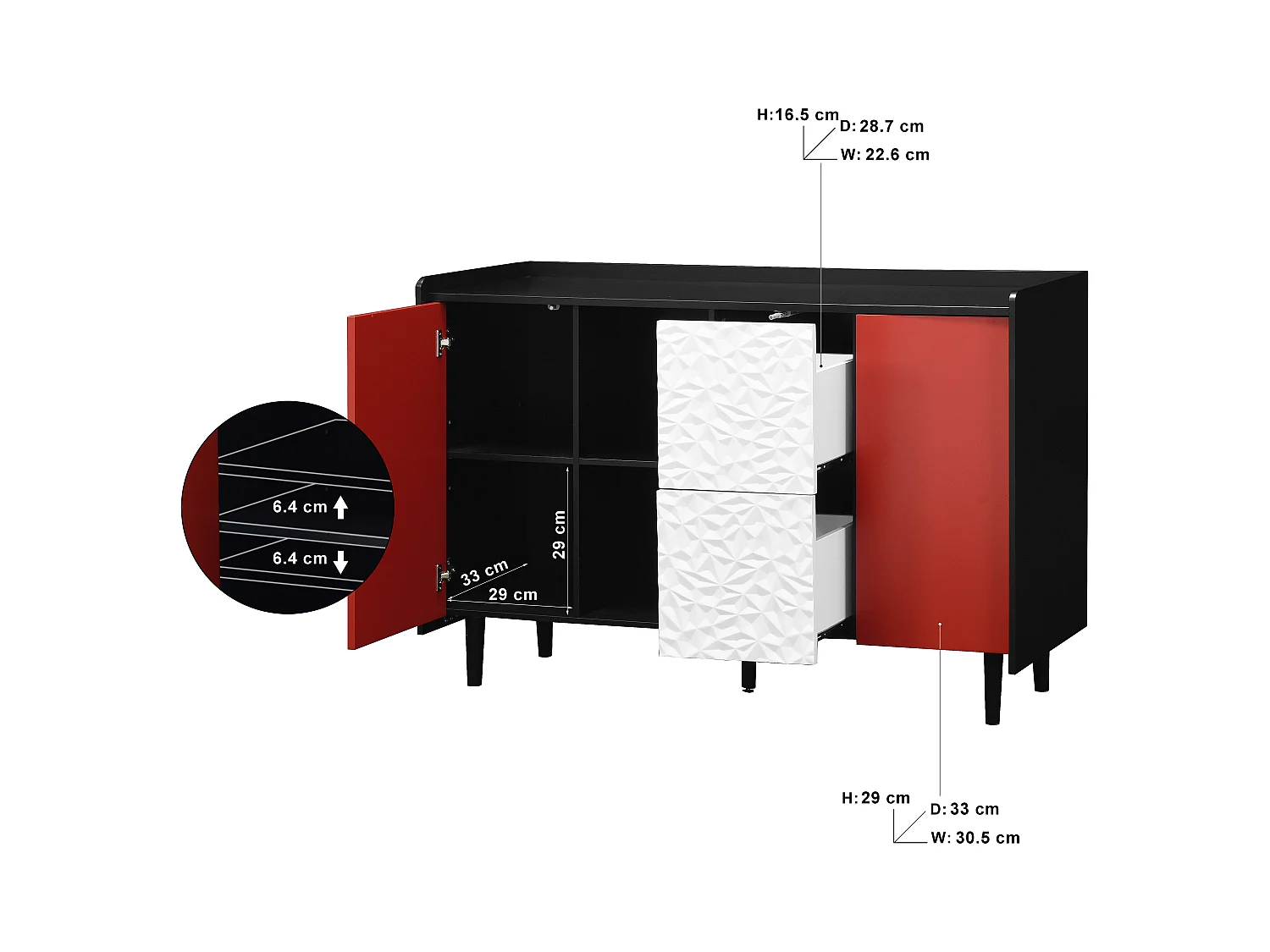 Aparador preto com 2 gavetas, 2 portas vermelhas e 2 nichos abertos para cozinha sala 120x40x80 cm