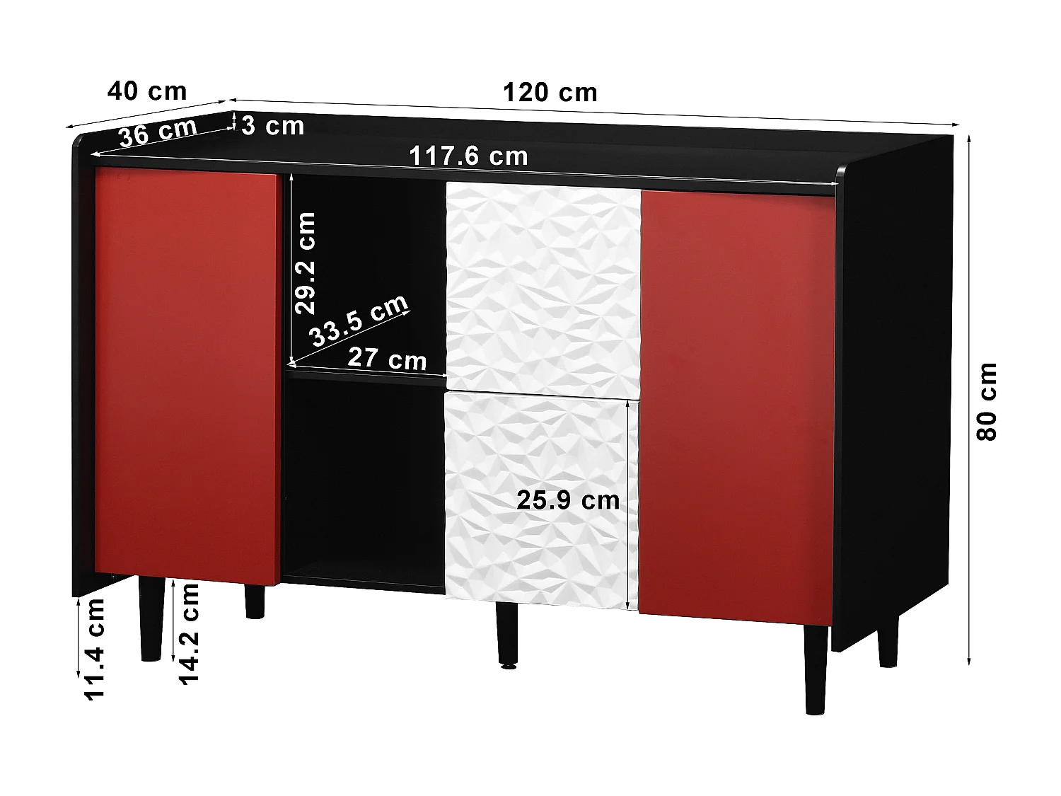Aparador preto com 2 gavetas, 2 portas vermelhas e 2 nichos abertos para cozinha sala 120x40x80 cm
