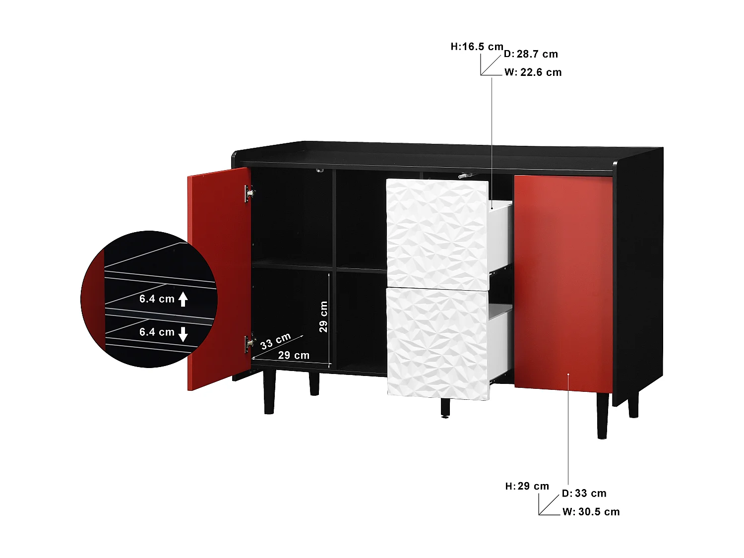 Aparador preto com 2 gavetas, 2 portas vermelhas e 2 nichos abertos para cozinha sala 120x40x80 cm