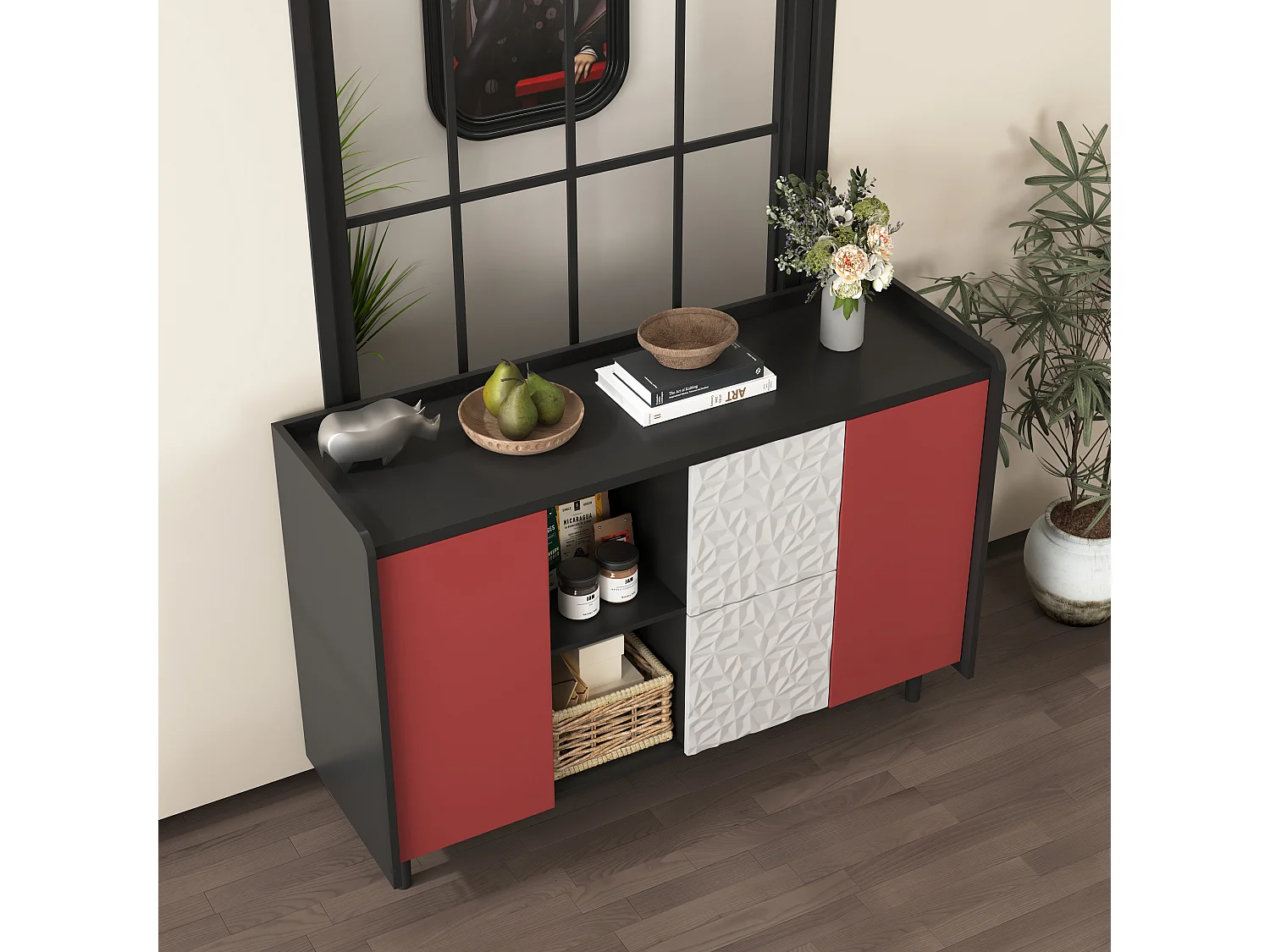 Aparador preto com 2 gavetas, 2 portas vermelhas e 2 nichos abertos para cozinha sala 120x40x80 cm