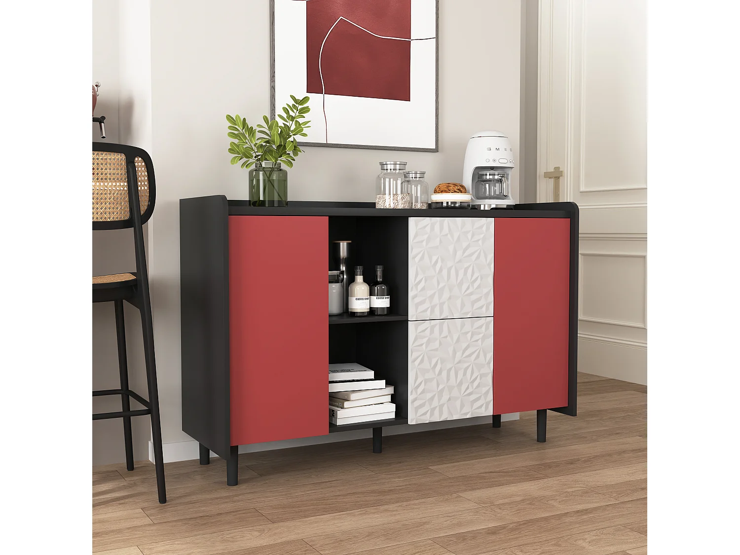 Aparador preto com 2 gavetas, 2 portas vermelhas e 2 nichos abertos para cozinha sala 120x40x80 cm