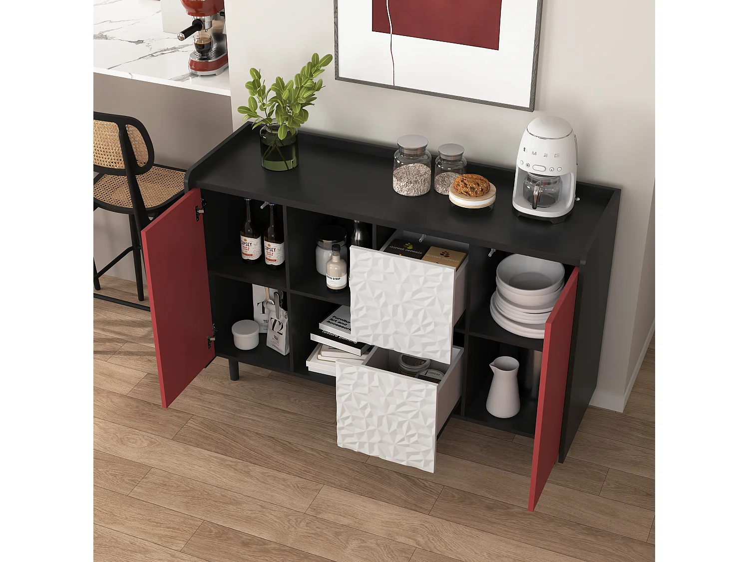 Aparador preto com 2 gavetas, 2 portas vermelhas e 2 nichos abertos para cozinha sala 120x40x80 cm