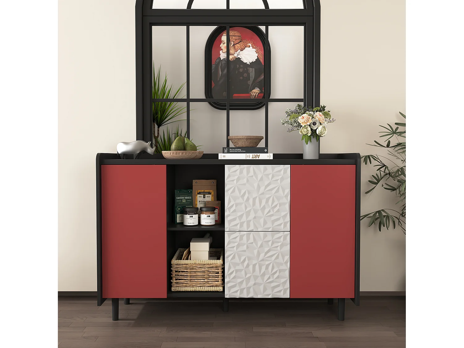 Aparador preto com 2 gavetas, 2 portas vermelhas e 2 nichos abertos para cozinha sala 120x40x80 cm