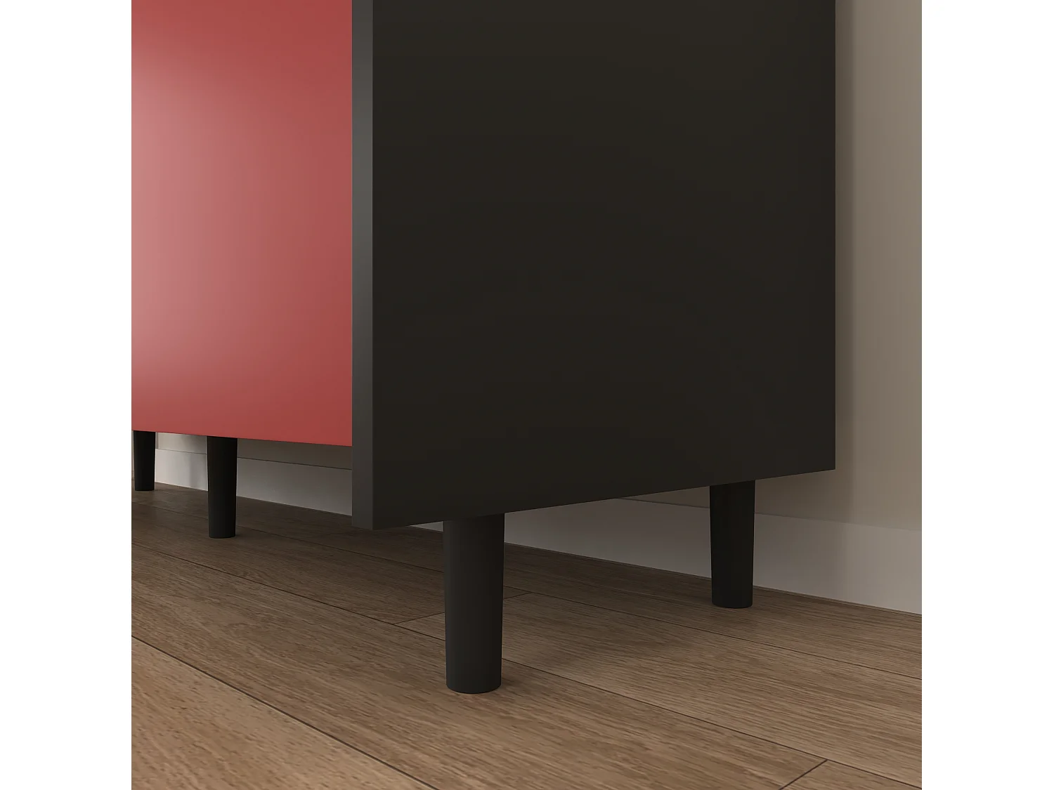 Aparador preto com 2 gavetas, 2 portas vermelhas e 2 nichos abertos para cozinha sala 120x40x80 cm