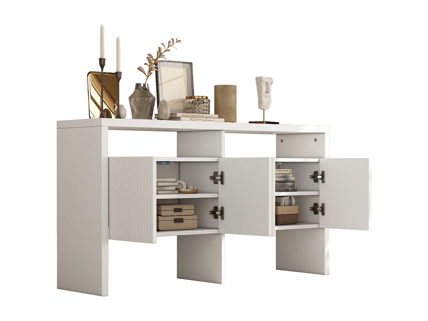 Aparador de MDF con 4 puertas y 2 nichos para salón, blanco, 140 x 75 cm, diseño moderno