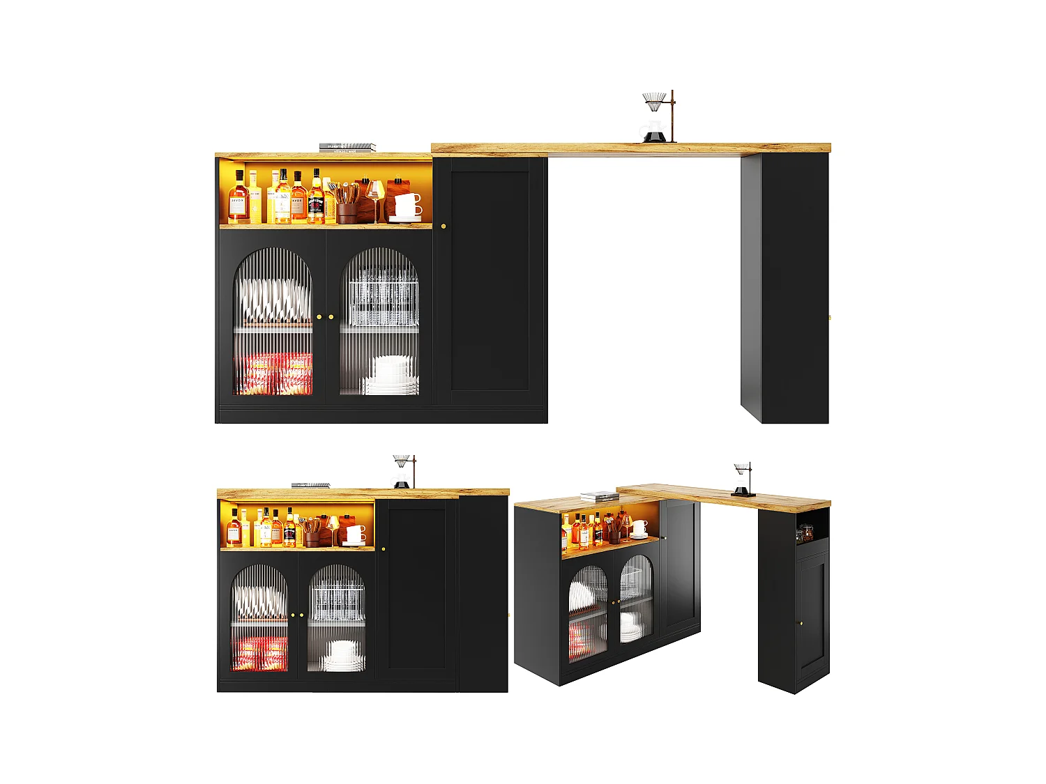 Mesa de bar giratoria de 360° de MDF, 198 x 39,6 x 97 cm, madera negra, LED, almacenamiento, vidrio, cocina, sala de estar