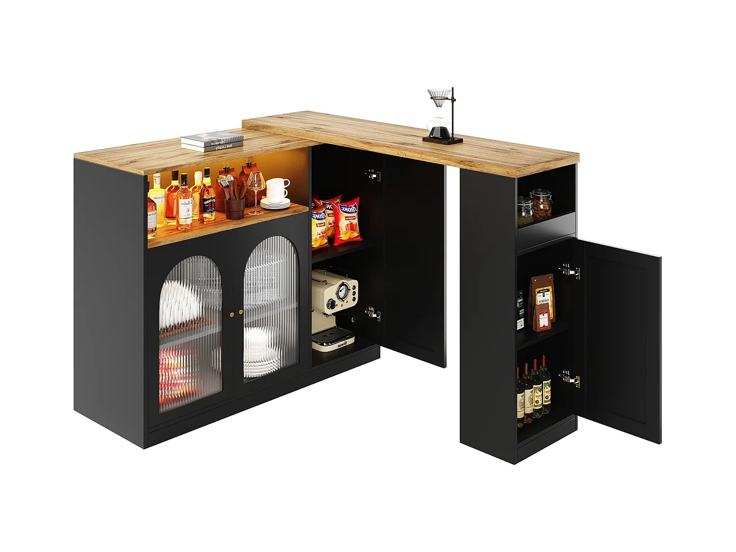 Mesa de bar giratoria de 360° de MDF, 198 x 39,6 x 97 cm, madera negra, LED, almacenamiento, vidrio, cocina, sala de estar
