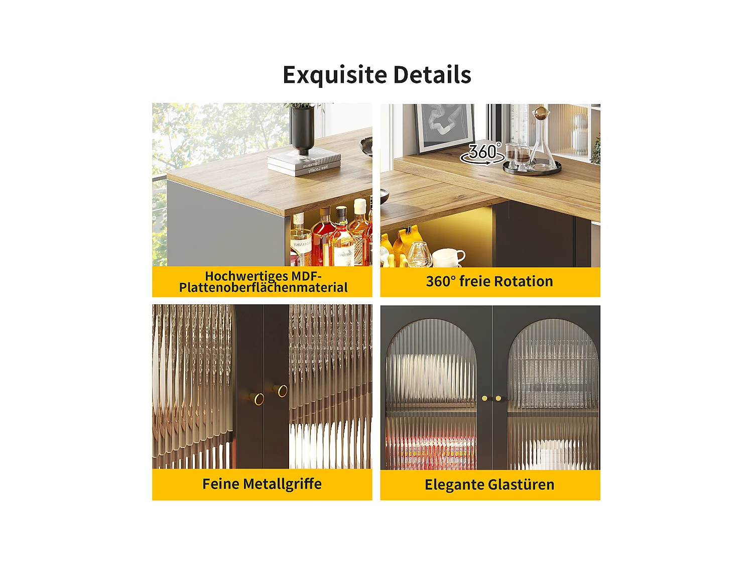 Mesa de bar giratoria de 360° de MDF, 198 x 39,6 x 97 cm, madera negra, LED, almacenamiento, vidrio, cocina, sala de estar