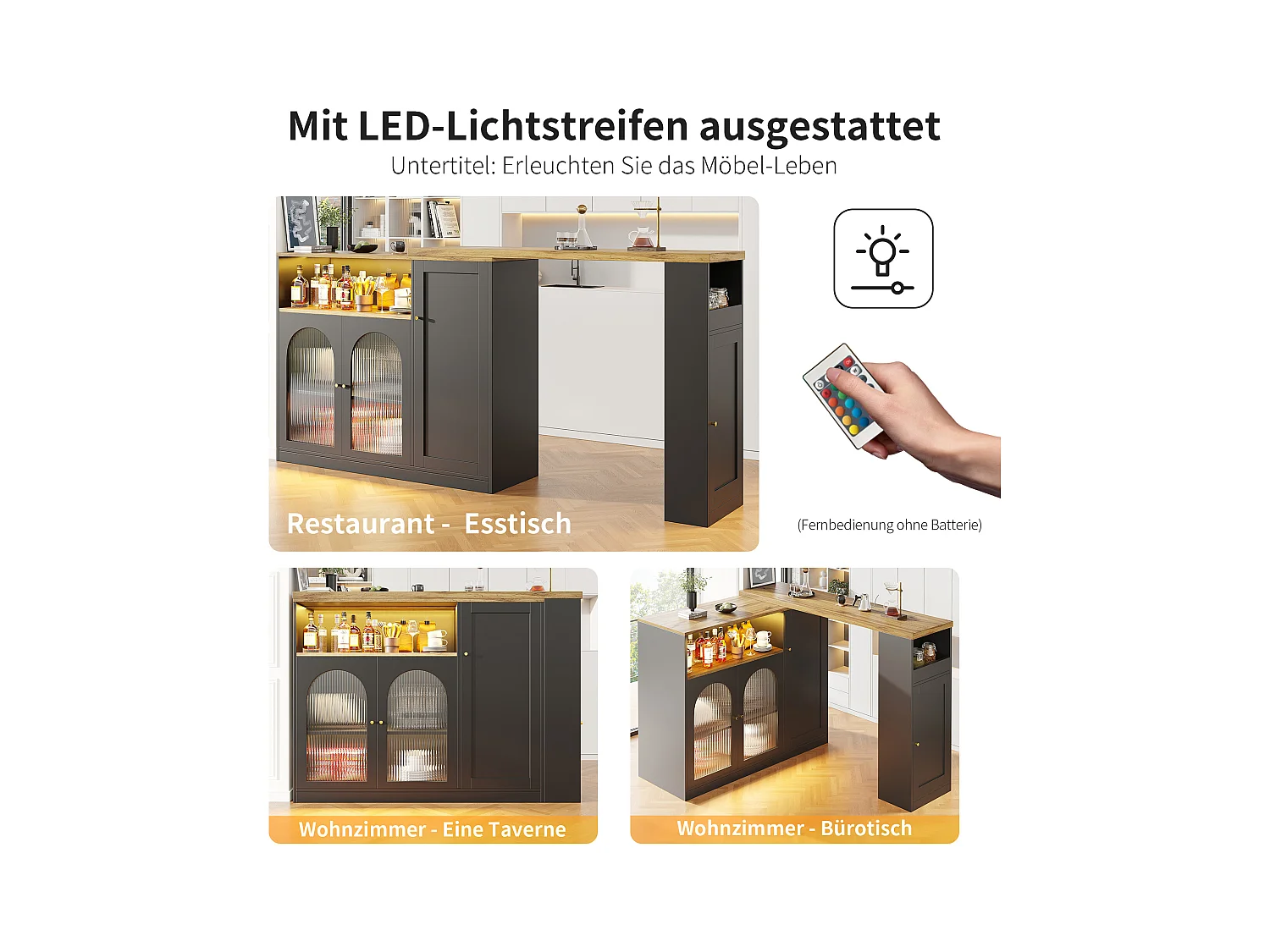 Mesa de bar giratoria de 360° de MDF, 198 x 39,6 x 97 cm, madera negra, LED, almacenamiento, vidrio, cocina, sala de estar