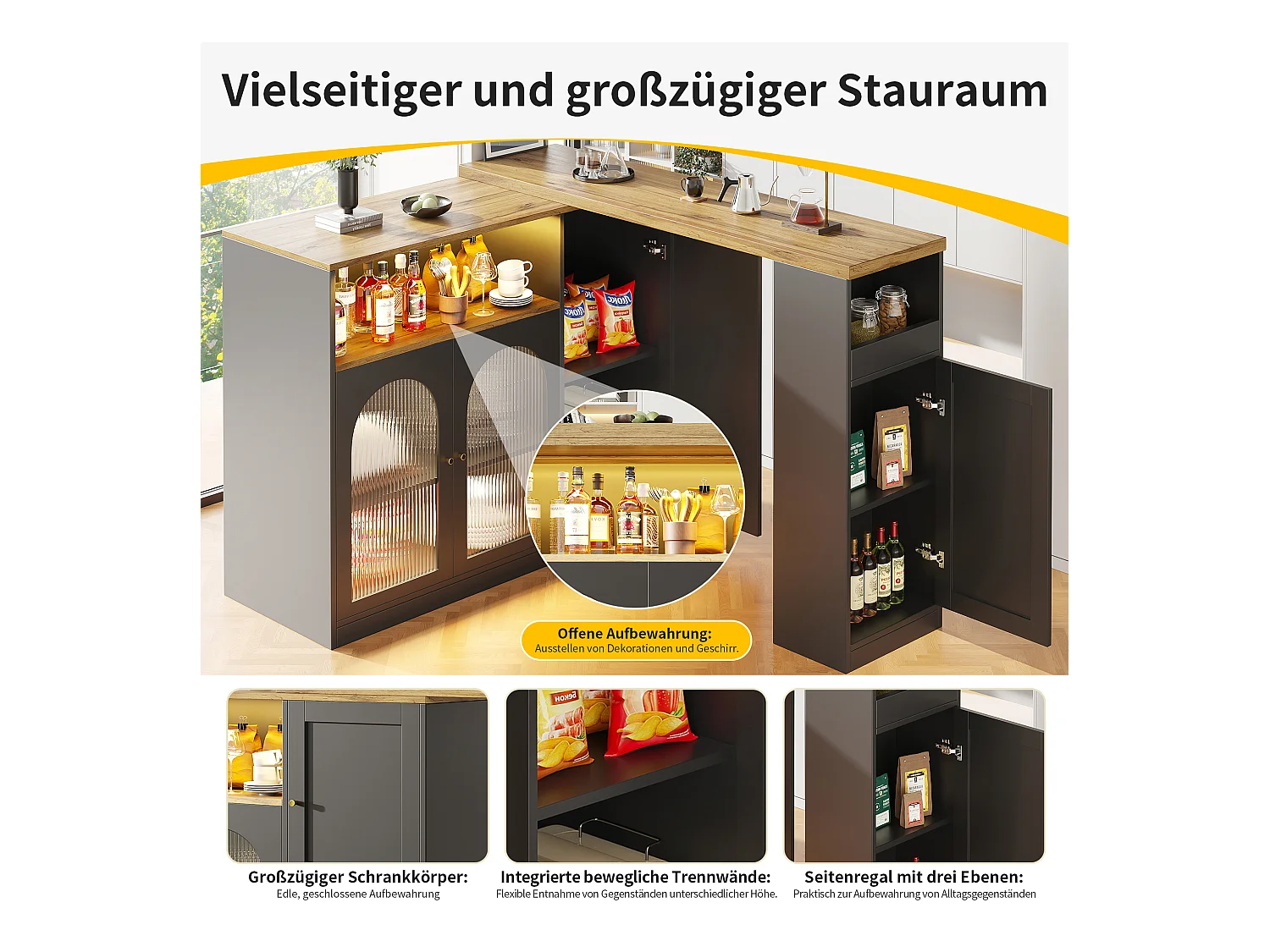 Mesa de bar giratoria de 360° de MDF, 198 x 39,6 x 97 cm, madera negra, LED, almacenamiento, vidrio, cocina, sala de estar