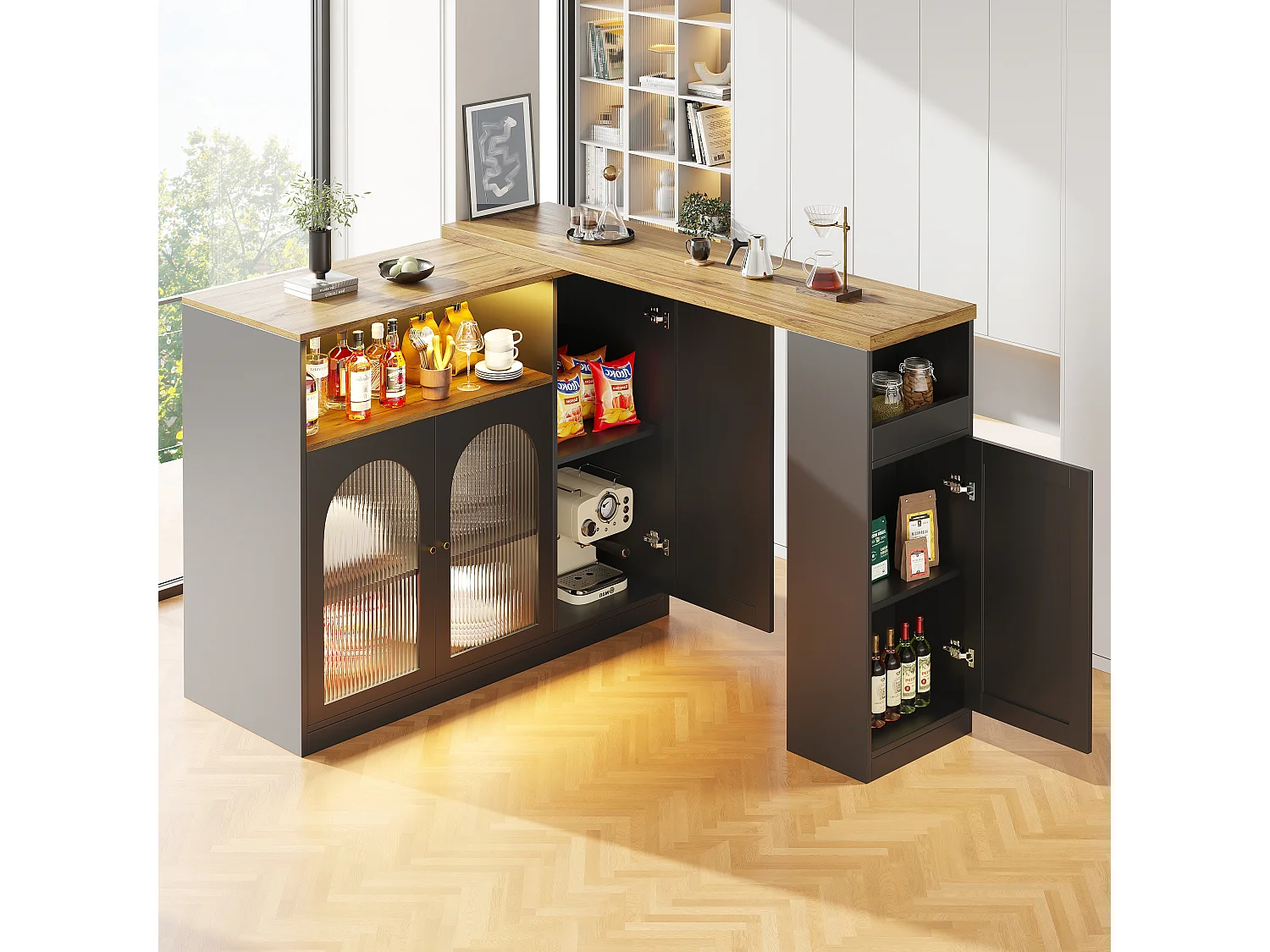 Mesa de bar giratoria de 360° de MDF, 198 x 39,6 x 97 cm, madera negra, LED, almacenamiento, vidrio, cocina, sala de estar