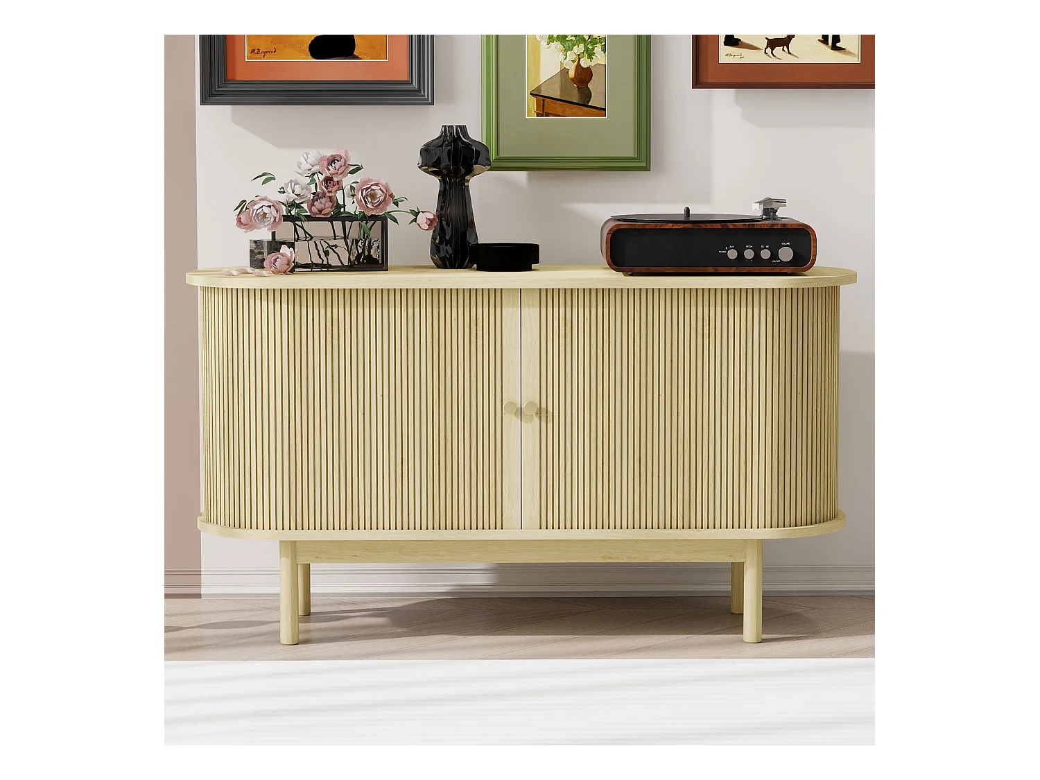 Aparador moderno madeira MDF 138 cm portas de correr prateleiras reguláveis ​​sala estar sala jantar natural