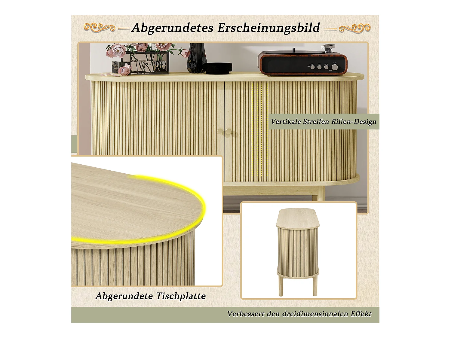 Aparador moderno madeira MDF 138 cm portas de correr prateleiras reguláveis ​​sala estar sala jantar natural