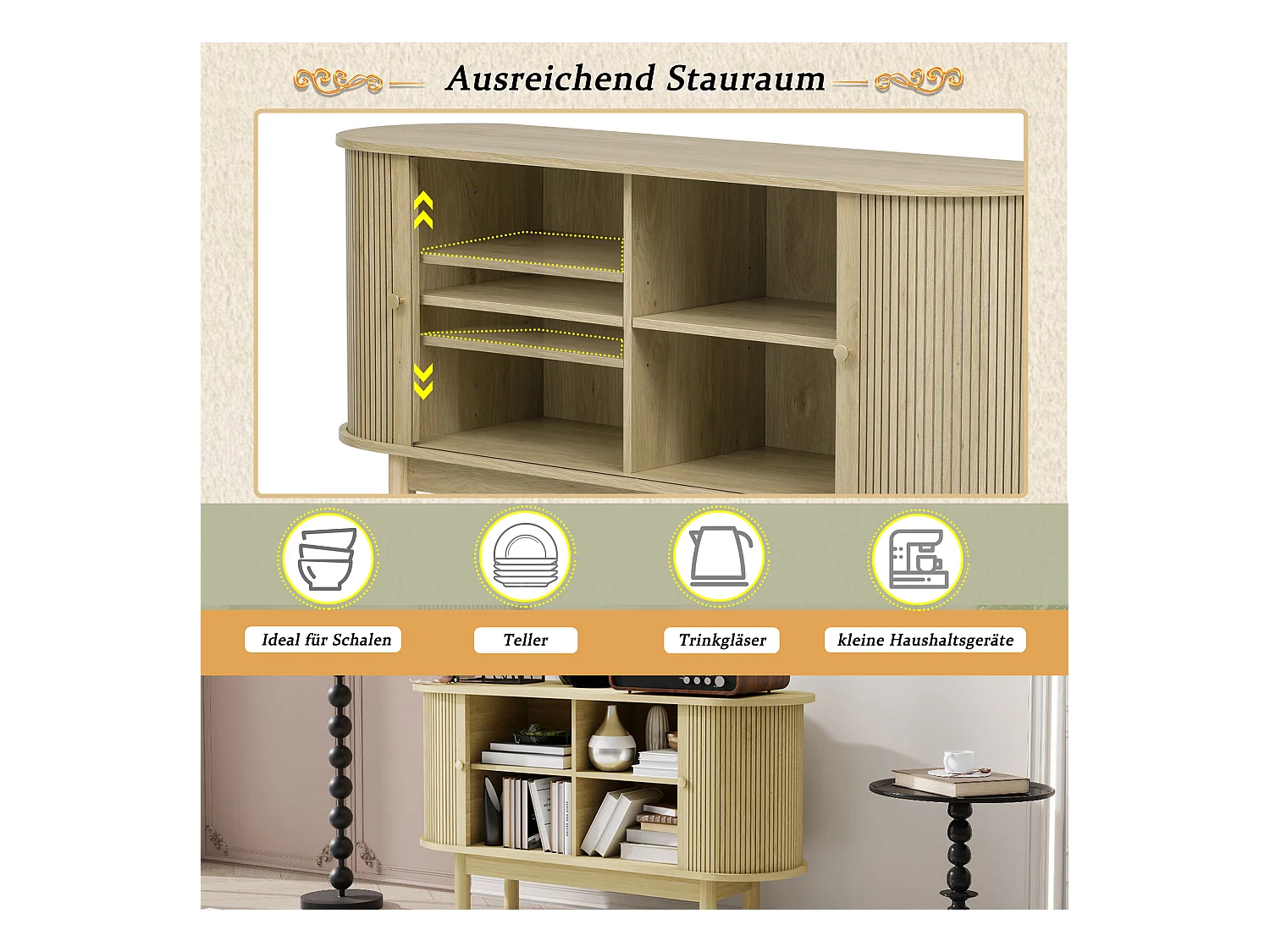 Aparador moderno madeira MDF 138 cm portas de correr prateleiras reguláveis ​​sala estar sala jantar natural