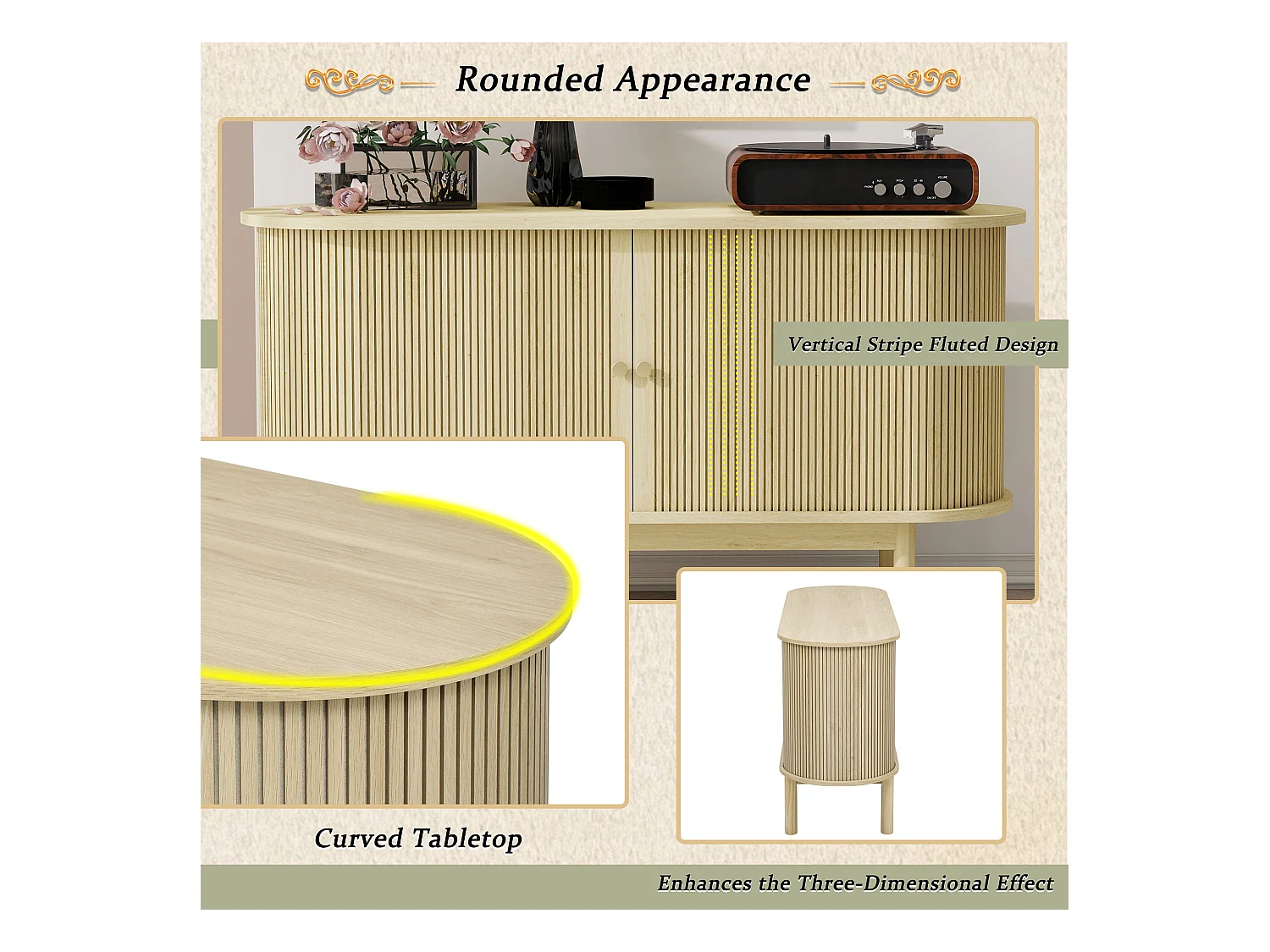 Aparador moderno madeira MDF 138 cm portas de correr prateleiras reguláveis ​​sala estar sala jantar natural