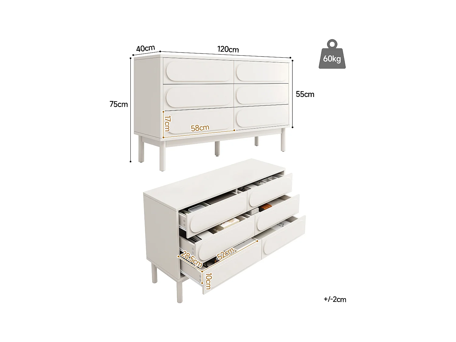 Cômoda 6 Gavetas MDF Pés Reguláveis ​​120x40x75cm Sala Quarto Branca