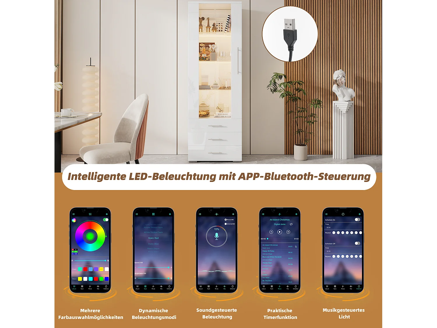 Móvel expositor LED branco MDF 3 gavetas com porta de vidro armazenamento exposição sala de estar 180cm