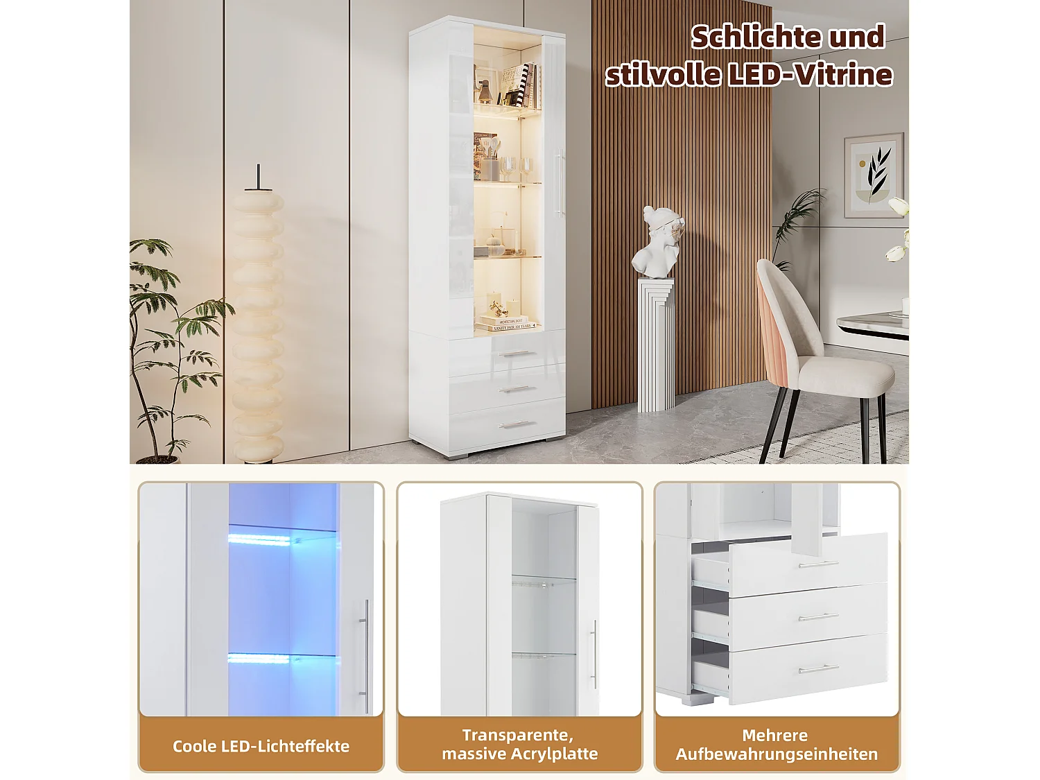 Móvel expositor LED branco MDF 3 gavetas com porta de vidro armazenamento exposição sala de estar 180cm