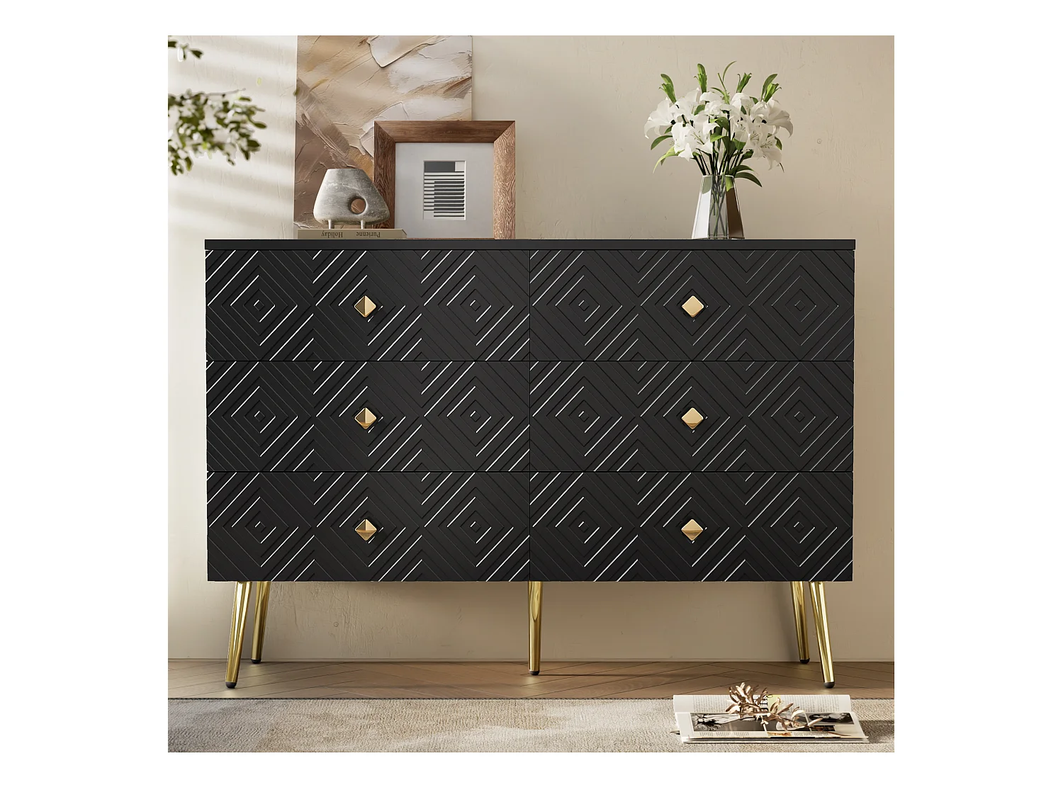 Cômoda em MDF preto com 6 gavetas para arrumação, quarto, sala, pés de metal, 120 x 40 x 80 cm, design moderno