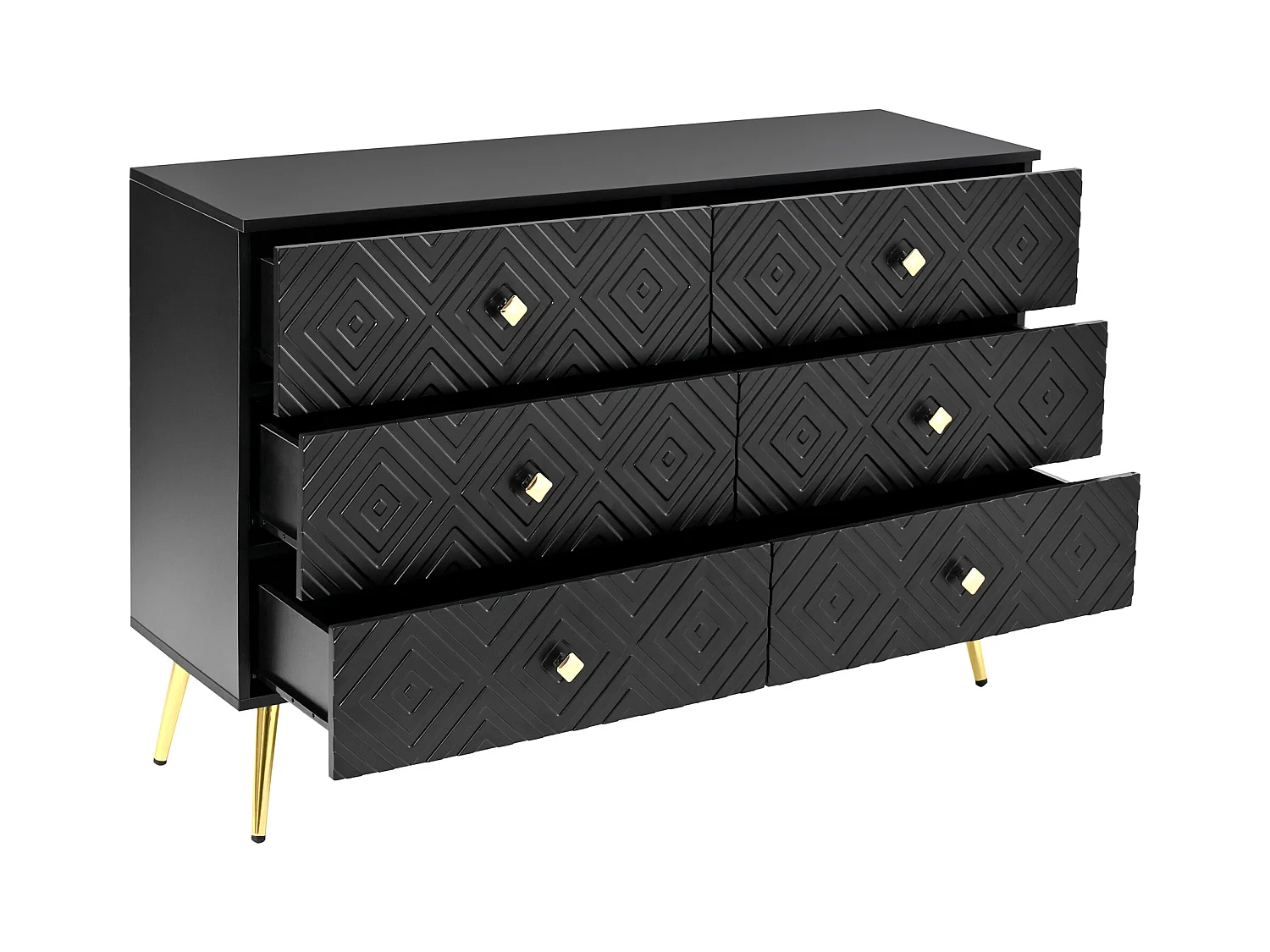 Cômoda em MDF preto com 6 gavetas para arrumação, quarto, sala, pés de metal, 120 x 40 x 80 cm, design moderno