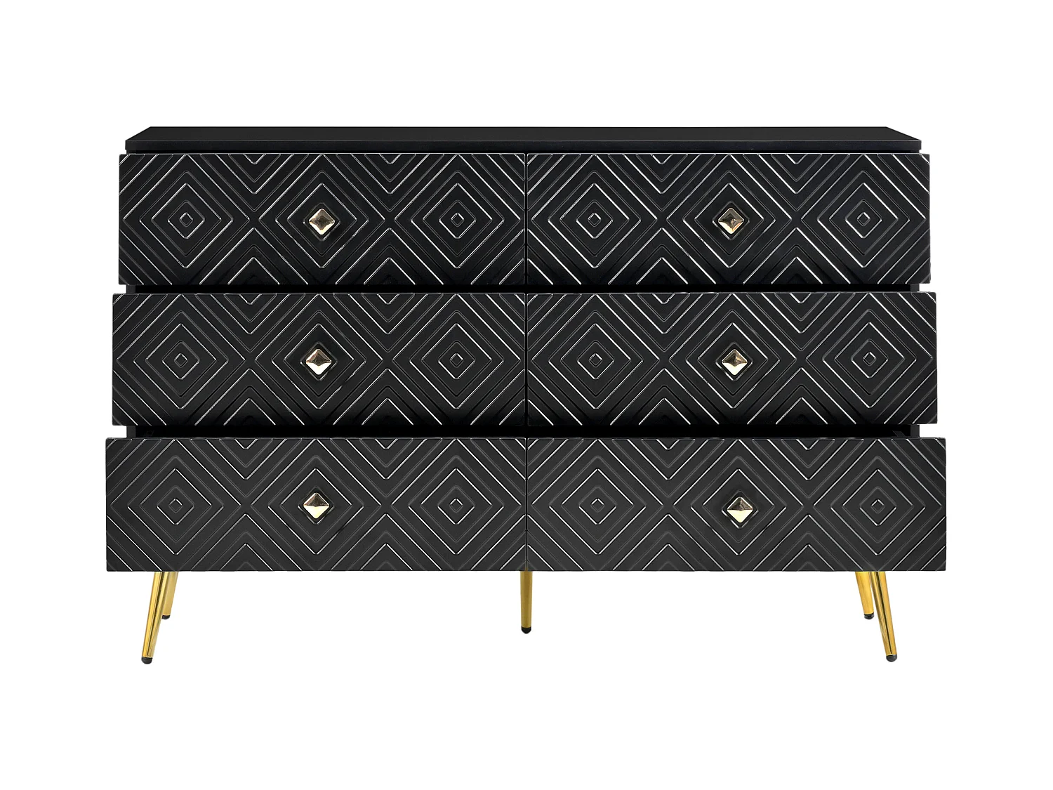 Cômoda em MDF preto com 6 gavetas para arrumação, quarto, sala, pés de metal, 120 x 40 x 80 cm, design moderno