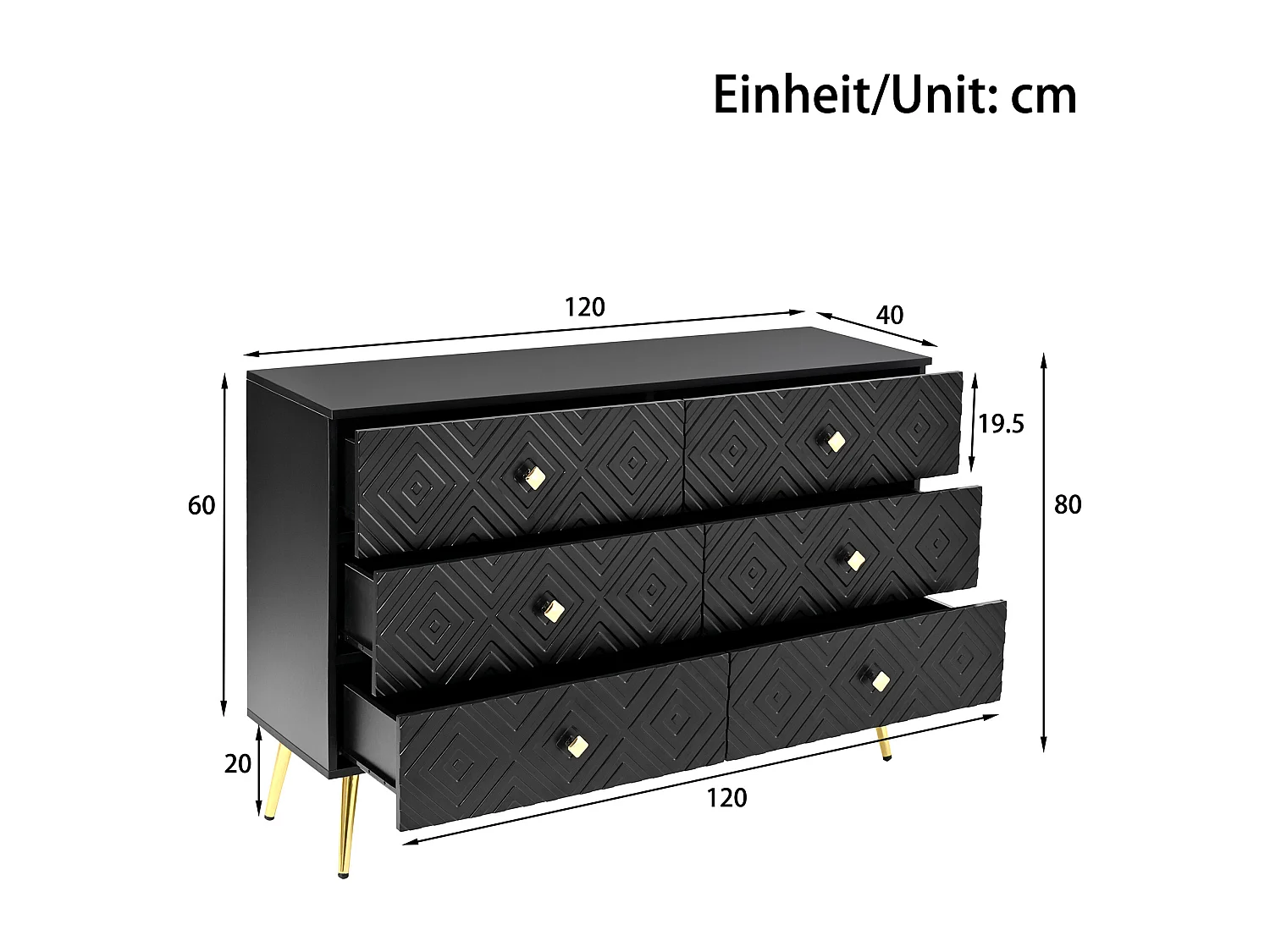 Cômoda em MDF preto com 6 gavetas para arrumação, quarto, sala, pés de metal, 120 x 40 x 80 cm, design moderno