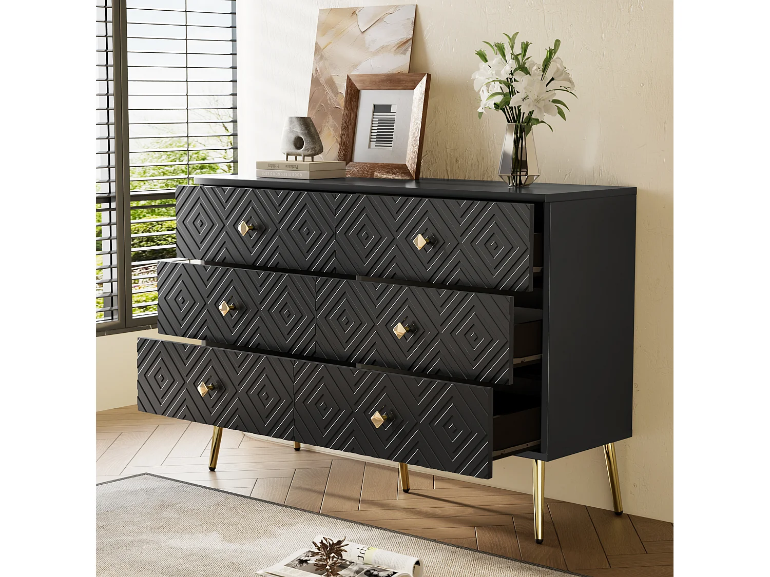 Cômoda em MDF preto com 6 gavetas para arrumação, quarto, sala, pés de metal, 120 x 40 x 80 cm, design moderno