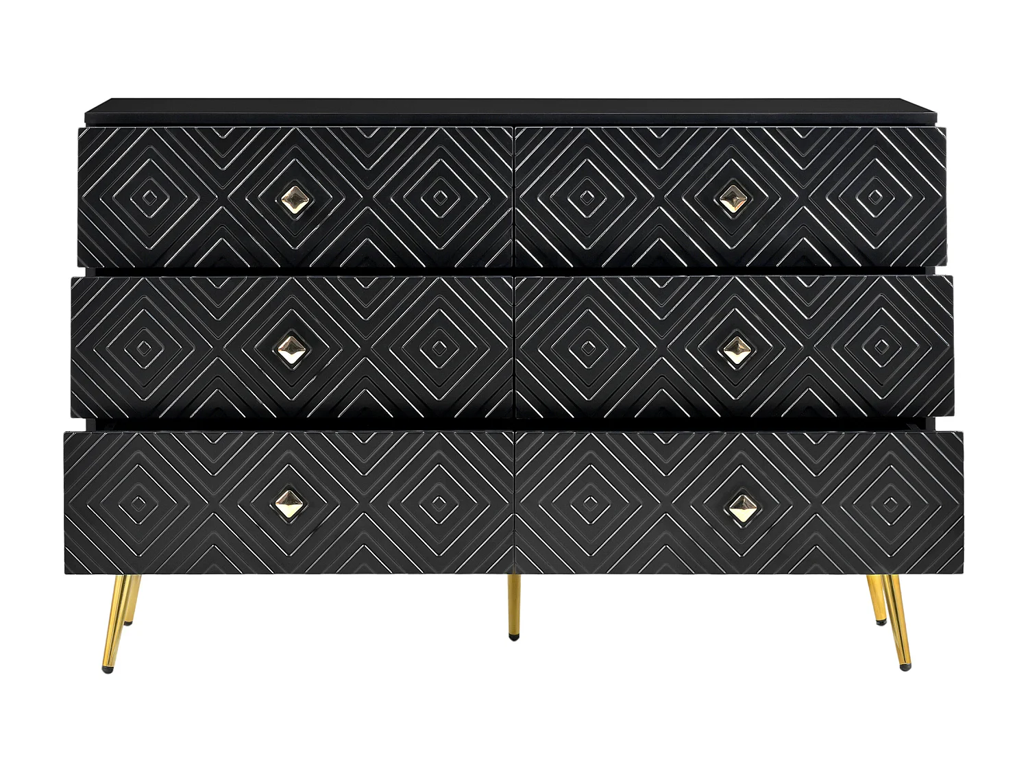 Cômoda em MDF preto com 6 gavetas para arrumação, quarto, sala, pés de metal, 120 x 40 x 80 cm, design moderno