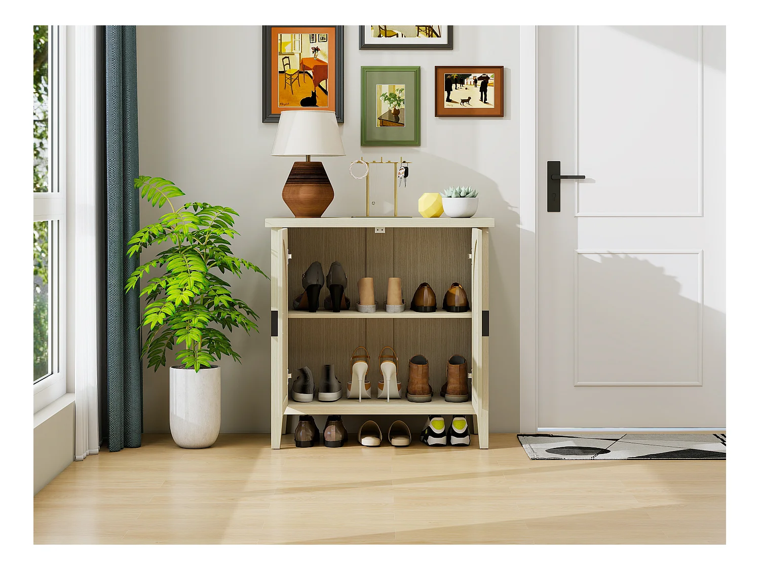 Aparador de vime natural com 2 portas e 3 prateleiras, móvel de arrumação para sala de estar e sala de jantar