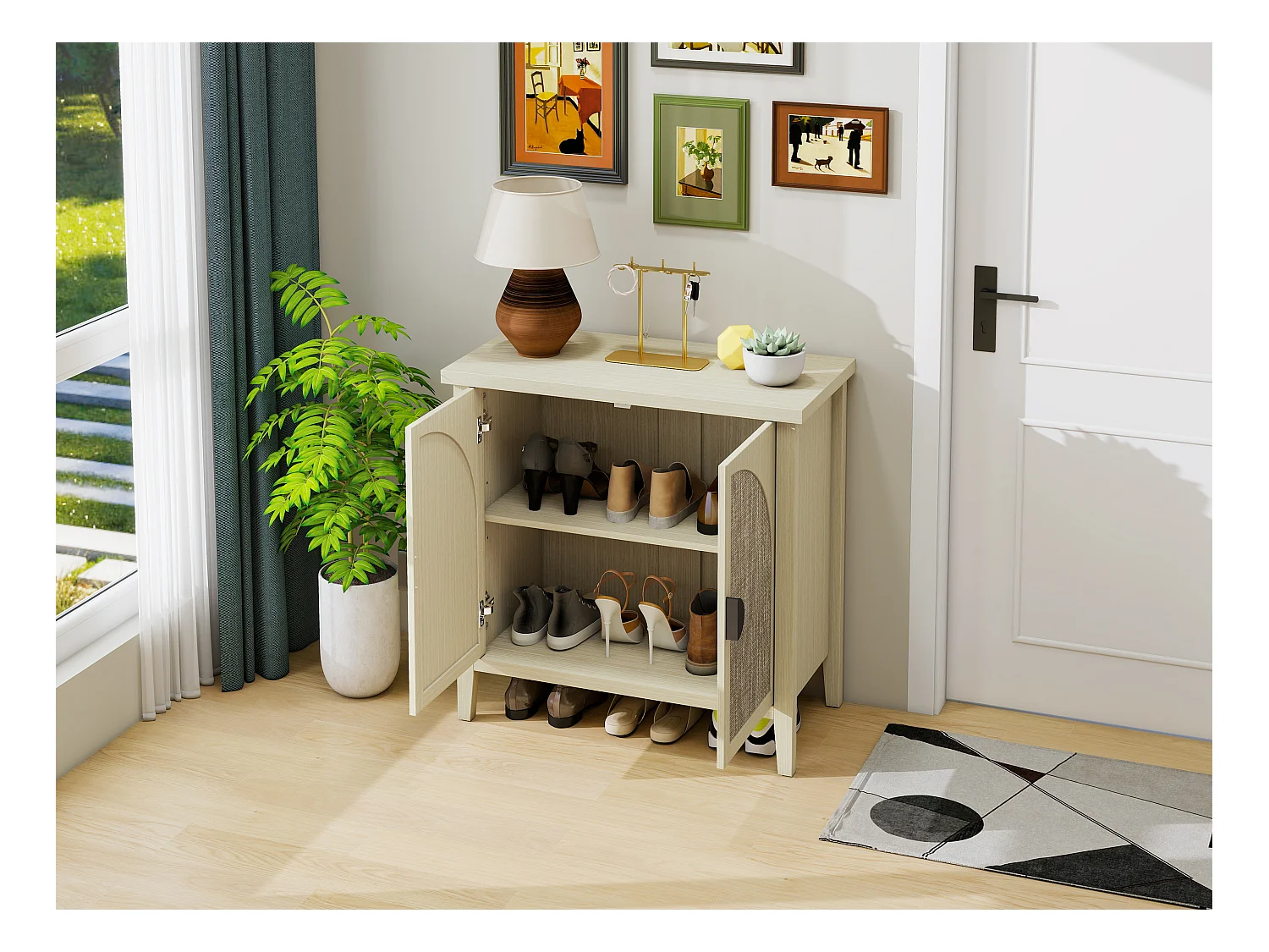 Aparador de vime natural com 2 portas e 3 prateleiras, móvel de arrumação para sala de estar e sala de jantar