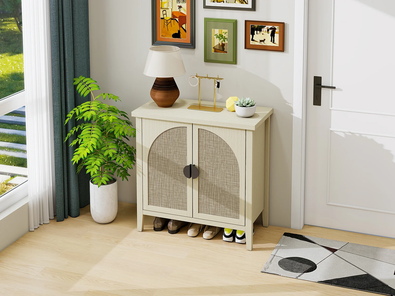 Aparador de vime natural com 2 portas e 3 prateleiras, móvel de arrumação para sala de estar e sala de jantar