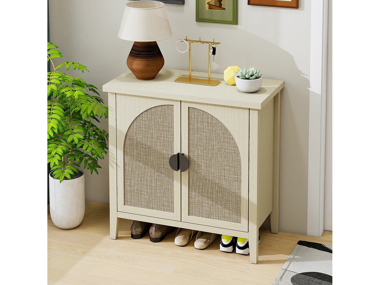 Aparador de vime natural com 2 portas e 3 prateleiras, móvel de arrumação para sala de estar e sala de jantar