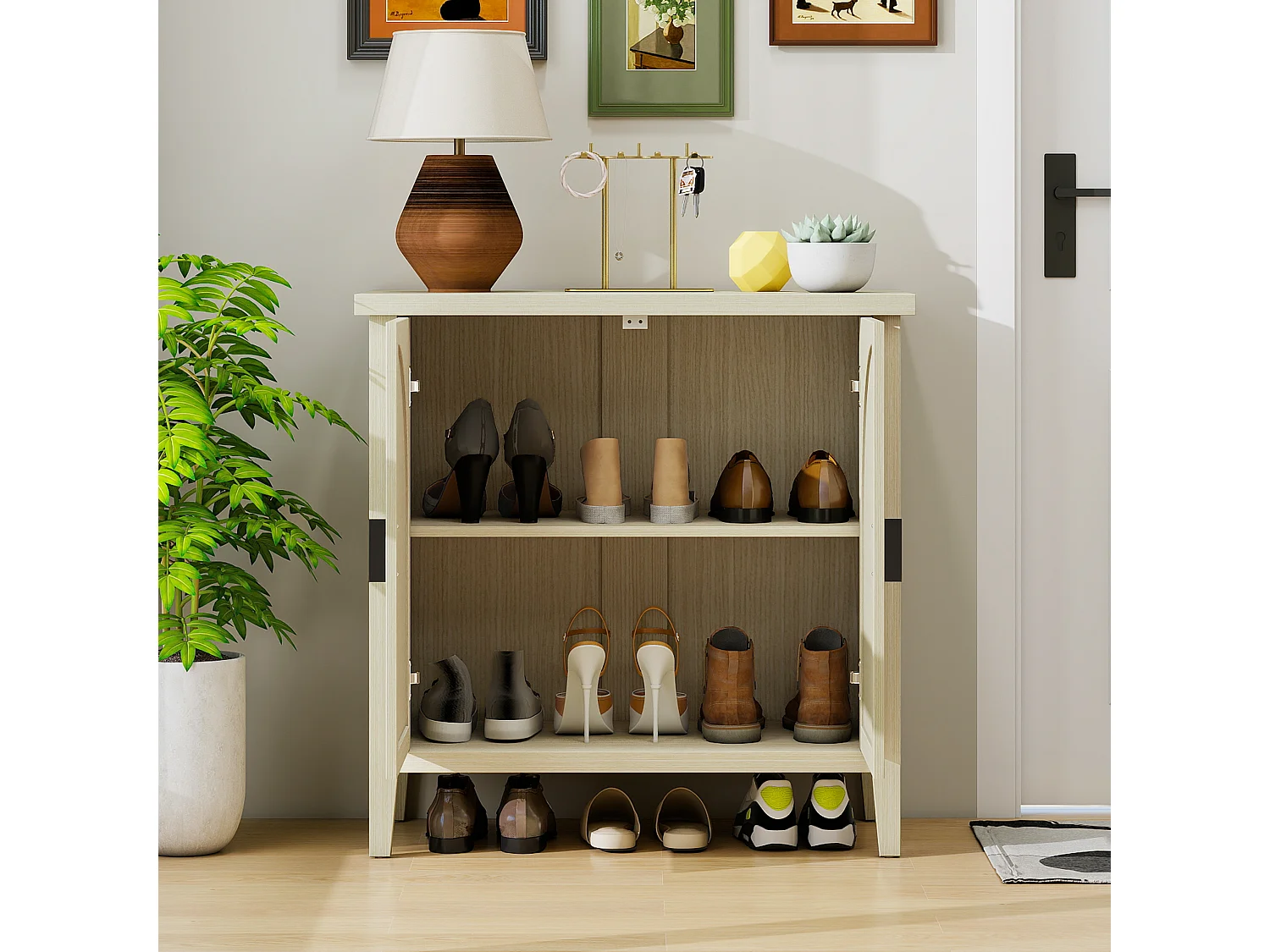 Aparador de vime natural com 2 portas e 3 prateleiras, móvel de arrumação para sala de estar e sala de jantar