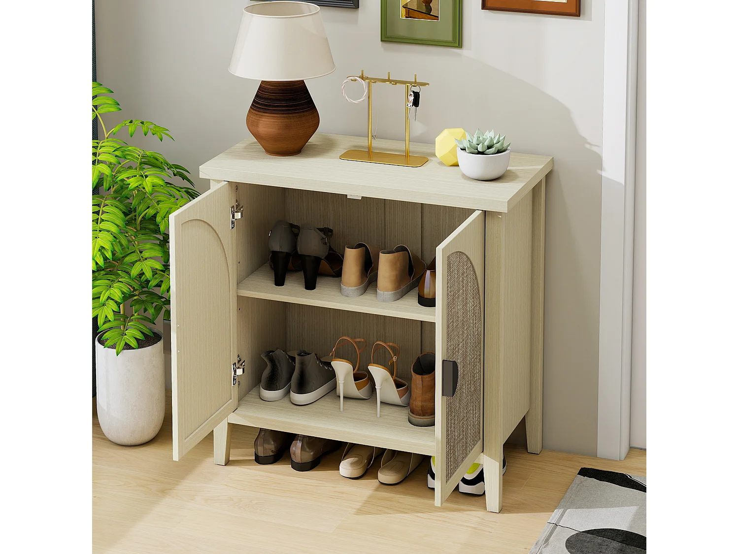 Aparador de vime natural com 2 portas e 3 prateleiras, móvel de arrumação para sala de estar e sala de jantar