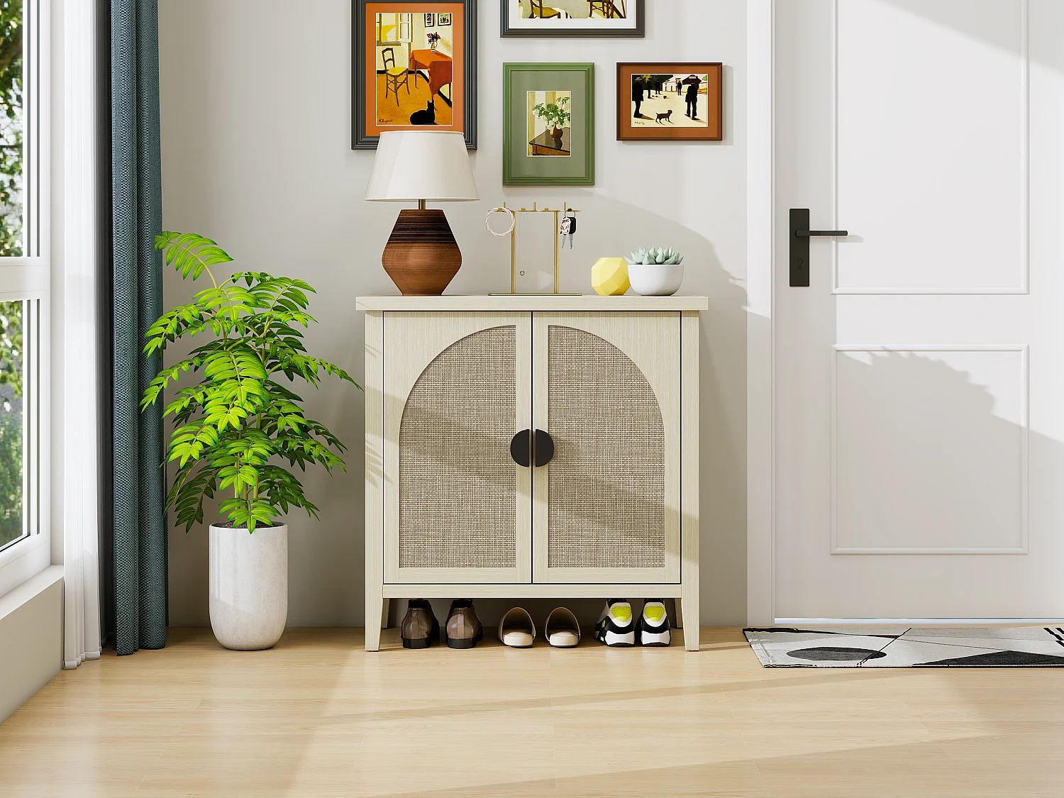 Aparador de ratán natural de 2 puertas con 3 estantes, mueble de almacenaje para salón y comedor