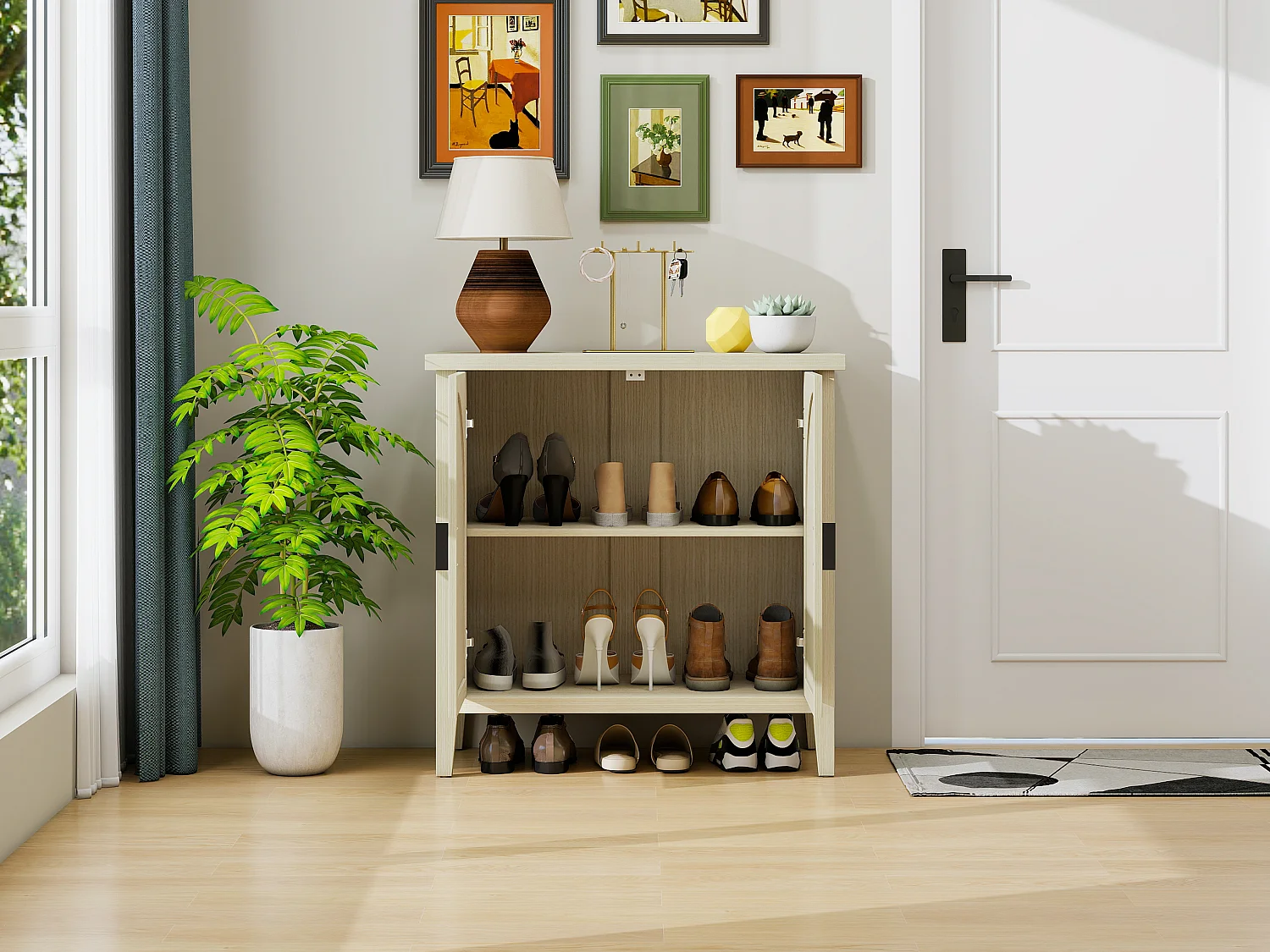 Aparador de ratán natural de 2 puertas con 3 estantes, mueble de almacenaje para salón y comedor