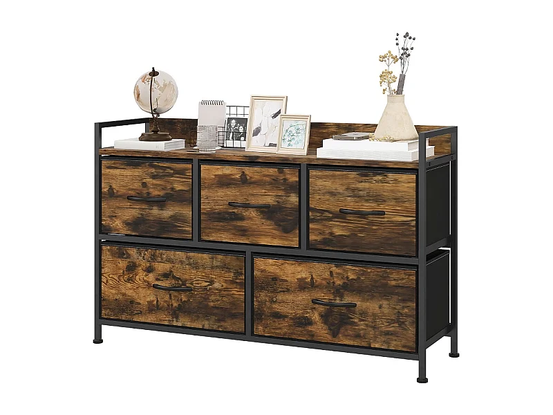 Cômoda com 5 gavetas em tecido metálico estilo industrial para sala, quarto, marrom, 98 cm
