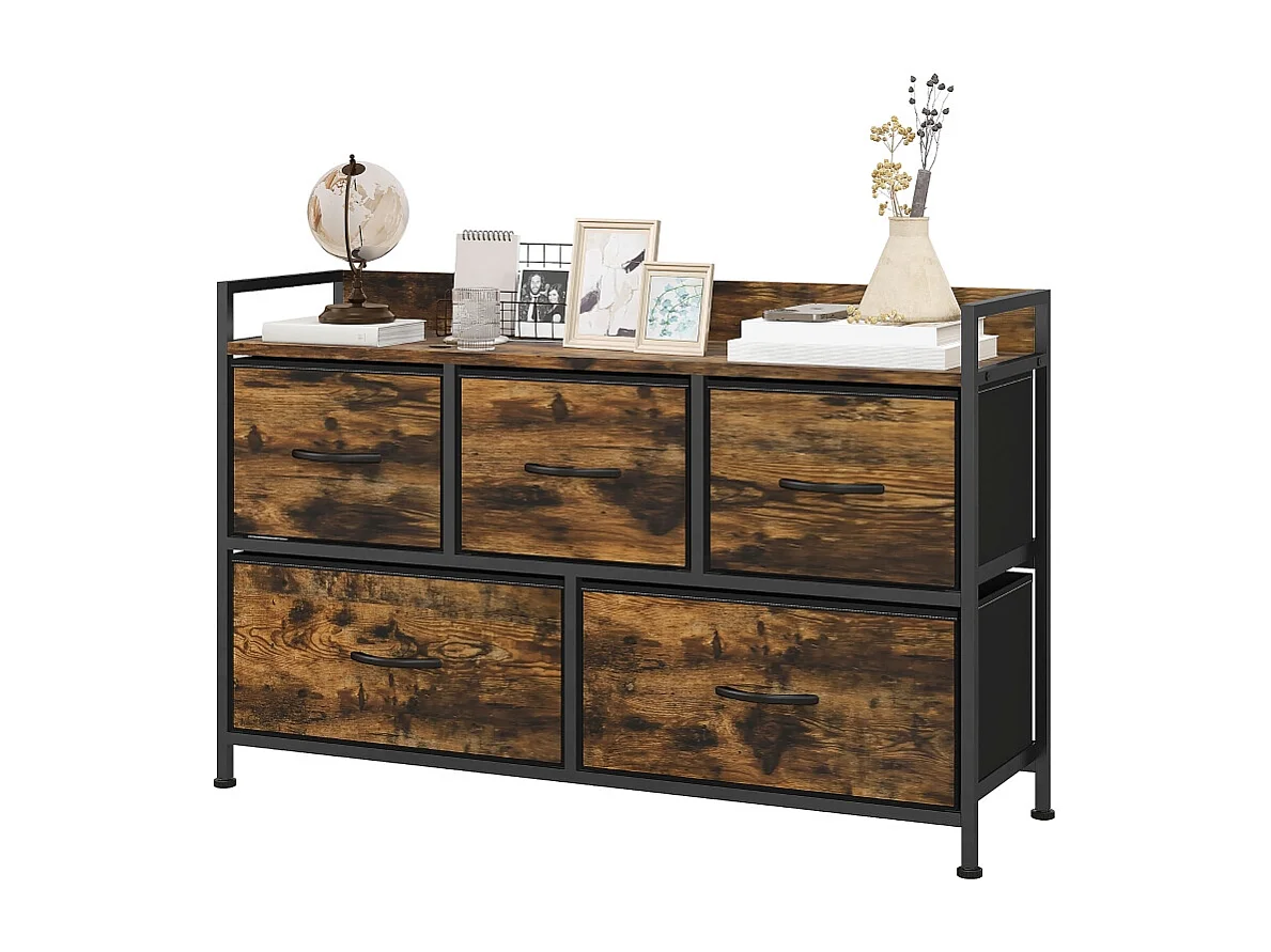 Cômoda com 5 gavetas em tecido metálico estilo industrial para sala, quarto, marrom, 98 cm