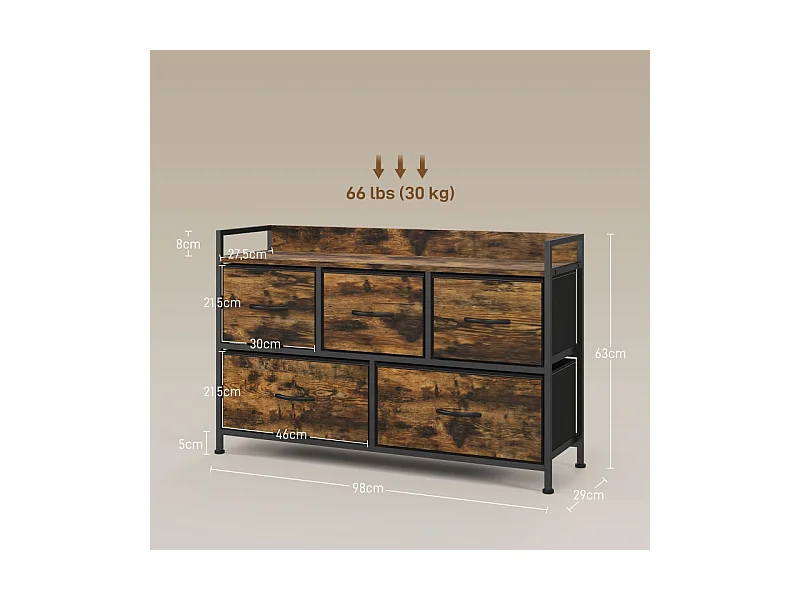 Cômoda com 5 gavetas em tecido metálico estilo industrial para sala, quarto, marrom, 98 cm