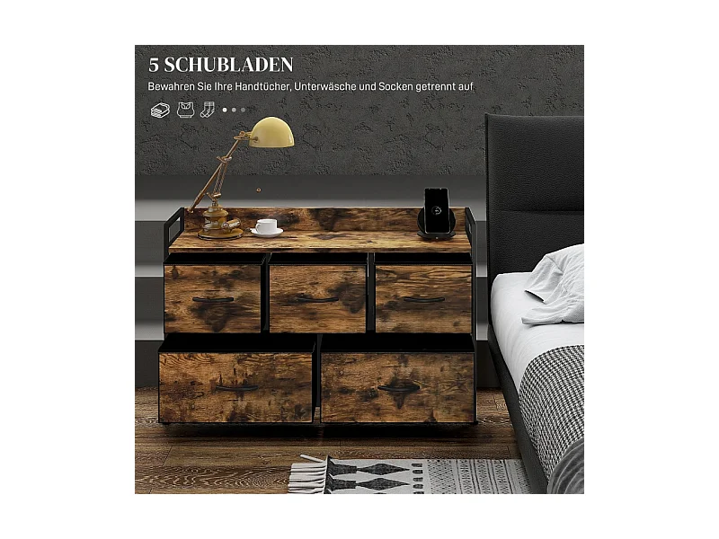 Cômoda com 5 gavetas em tecido metálico estilo industrial para sala, quarto, marrom, 98 cm