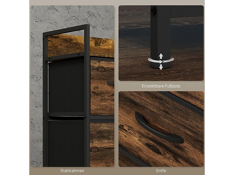 Cômoda com 5 gavetas em tecido metálico estilo industrial para sala, quarto, marrom, 98 cm